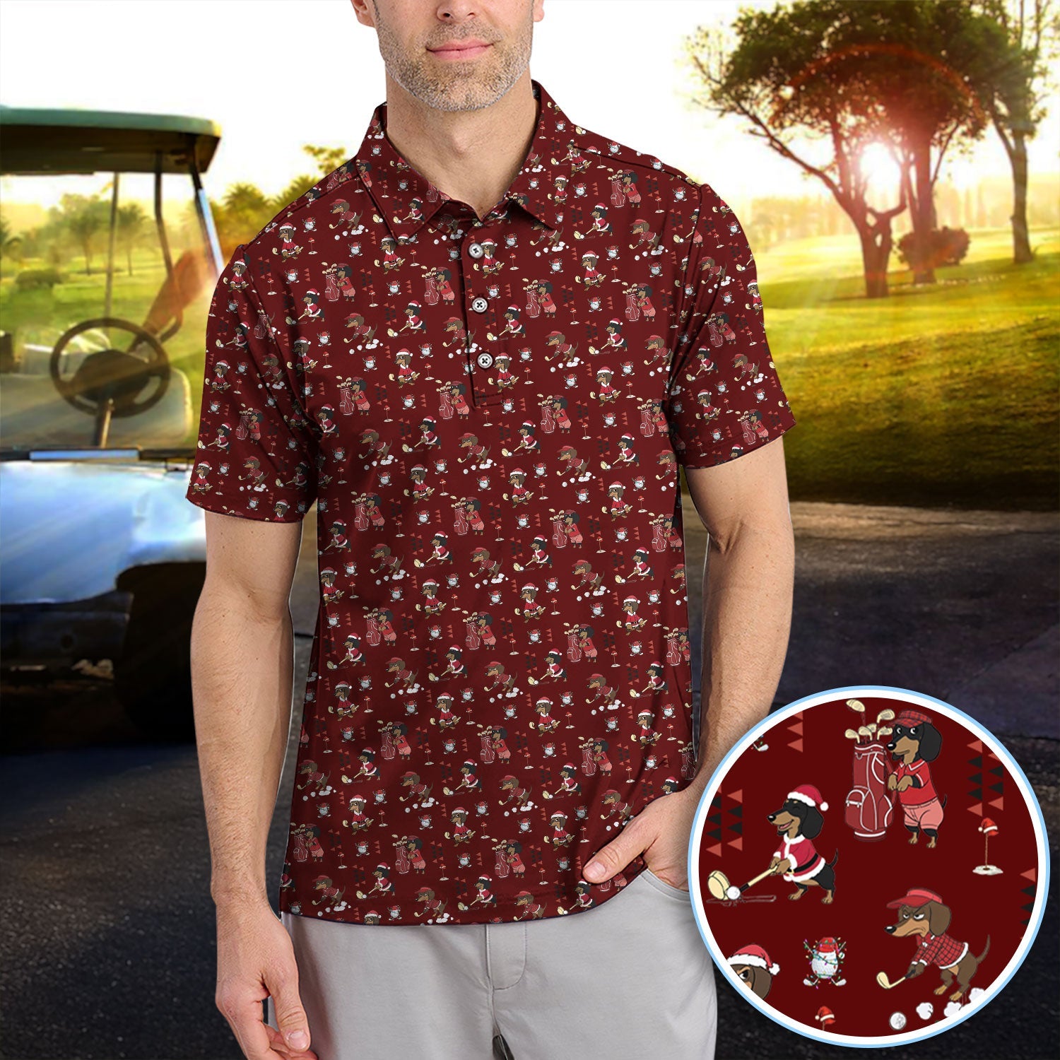 Funny Dachshund Christmas Golf Shirt, Cute Wiener Dog Pattern Polos, Festive Holiday Golf Shirt Gift For Men Golfers