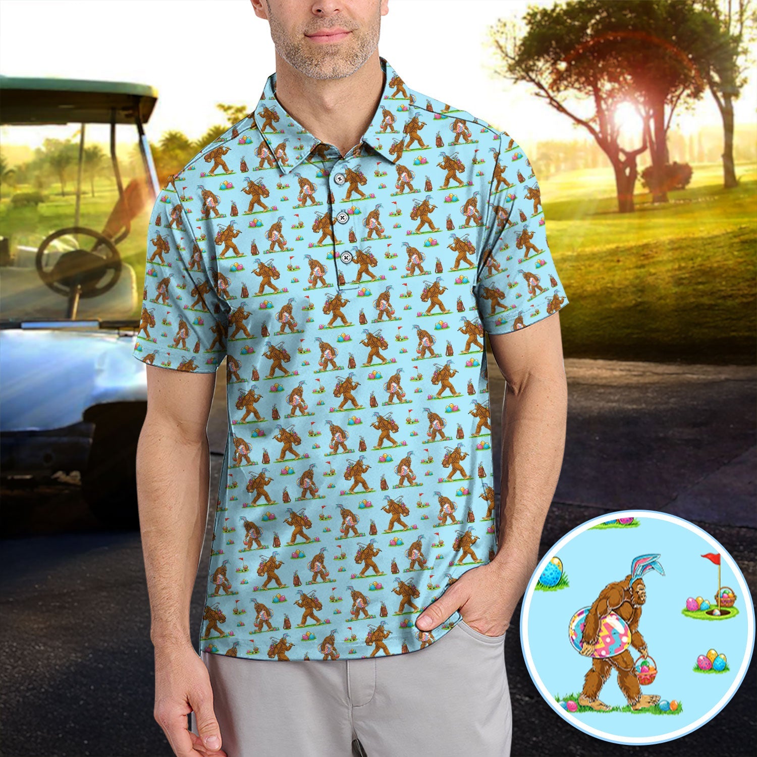 Bigfoot Easter Pattern Golf Polos, Bunny Sasquatch Golf Shirt For Men, Easter Day Shirt For Golfer