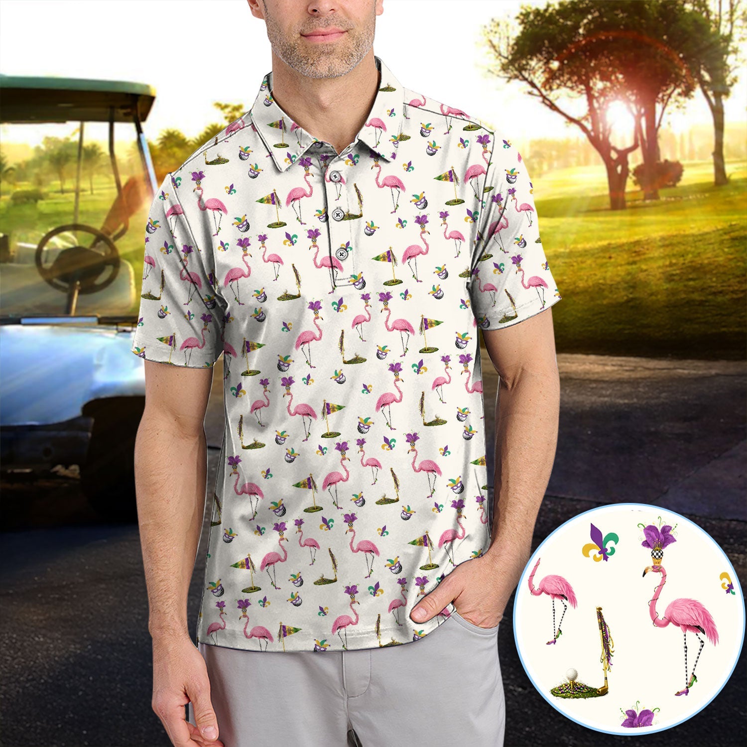 Flamingo Mardi Gras Golf Polos For Golfer, Funny Holiday Pattern Golf Shirt, Golf Gift For Men