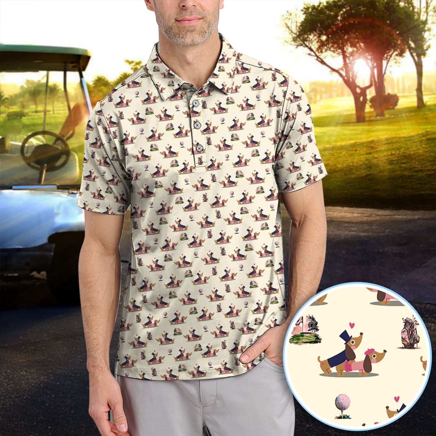 Dachshund Love Pattern Golf Shirt, Wiener Dog Golf Polos, Golf Gift For Golfer