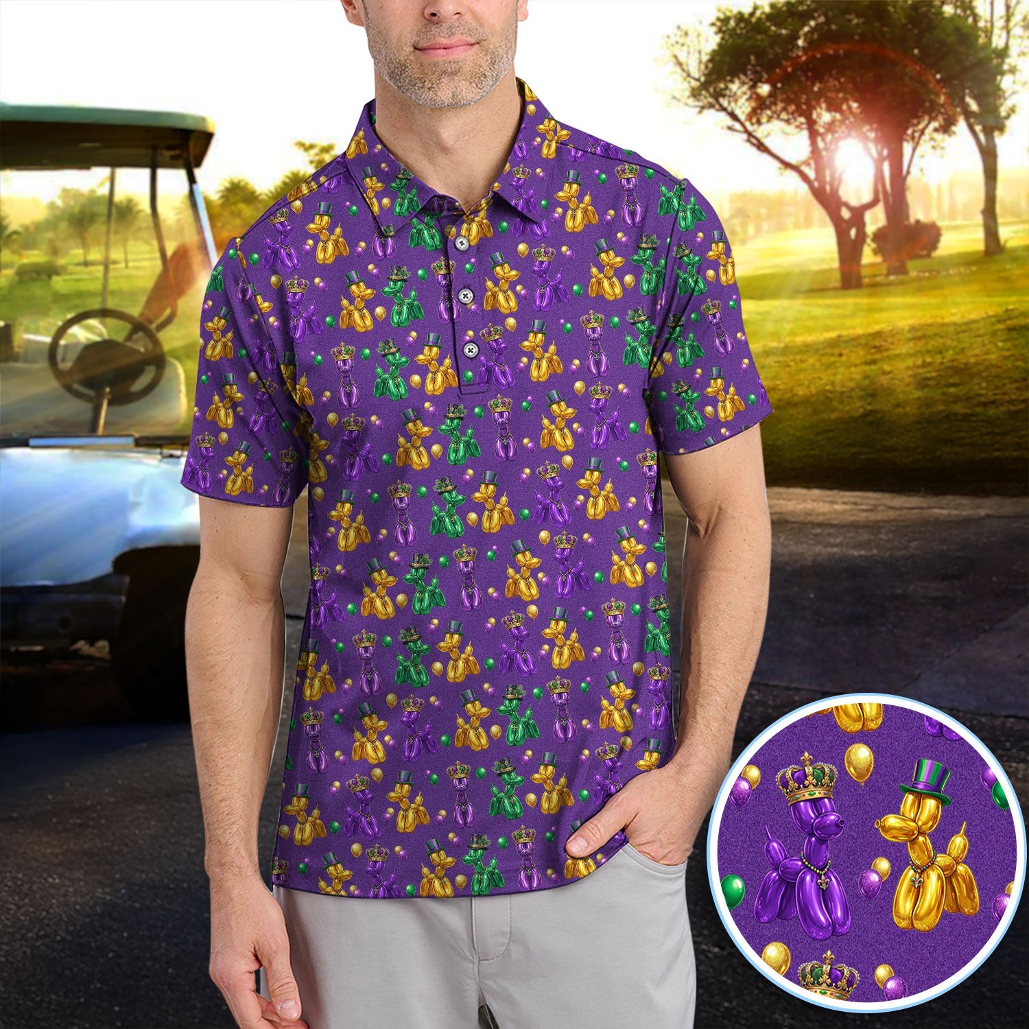 Mardi Gras Bead Dogs Golf Polos For Golfer, Festival Pattern Golf Shirt, Golf Gift For Men