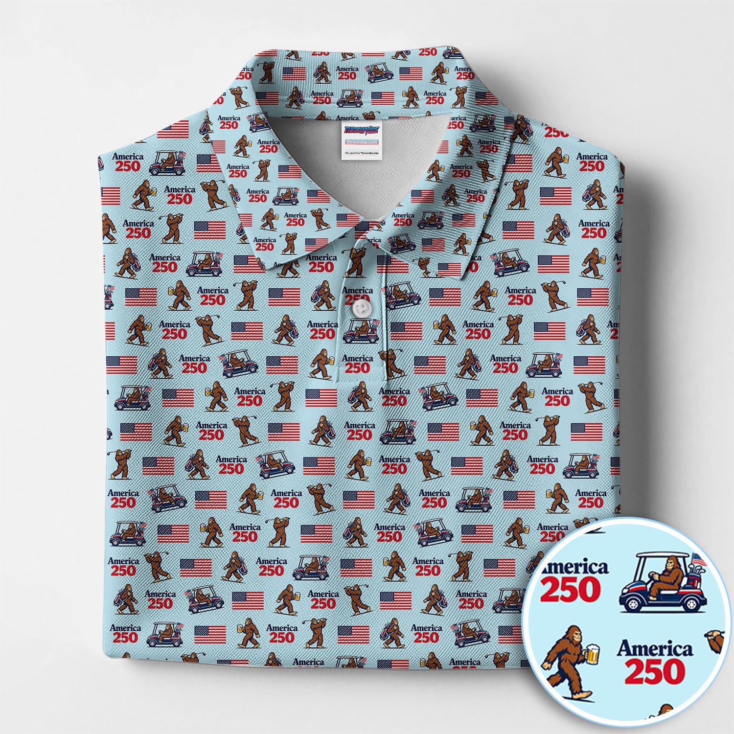 Bigfoot America 250 Pattern Golf Polos, Crazy Bigfoot Golf Shirt For Men, Funny Golf Shirt