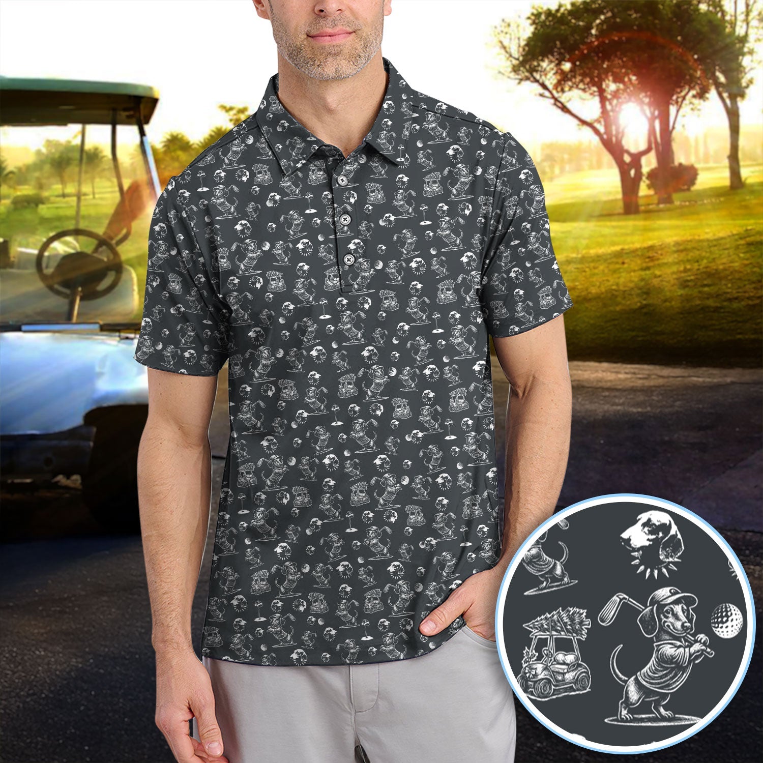 Dachshund Pattern Golf Shirt for Men, Funny Golf Polos, Golf Gift For Men