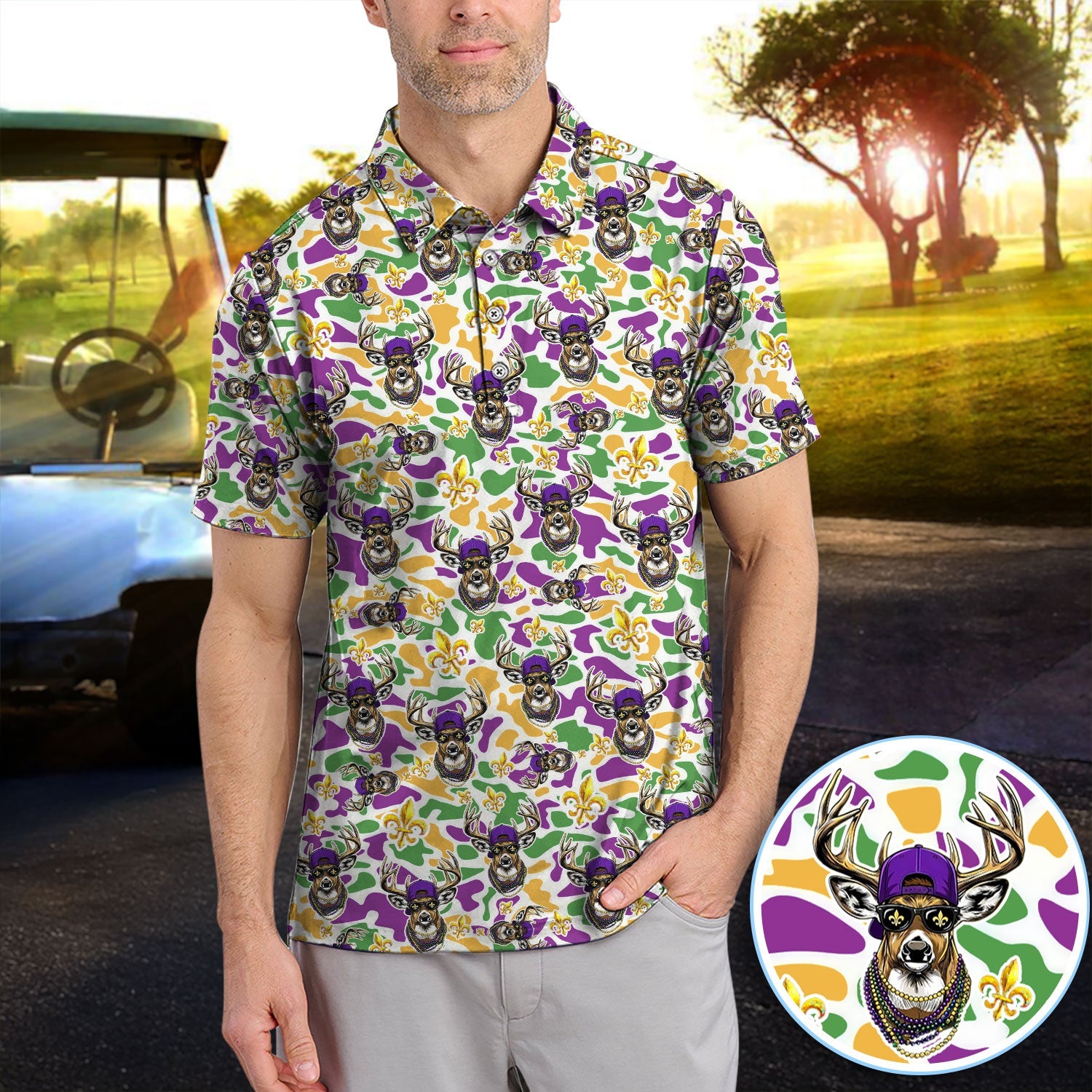 Mardi Gras Golf Polos For Golfer, Festival Deer Pattern Golf Shirt, Golf Gift For Men