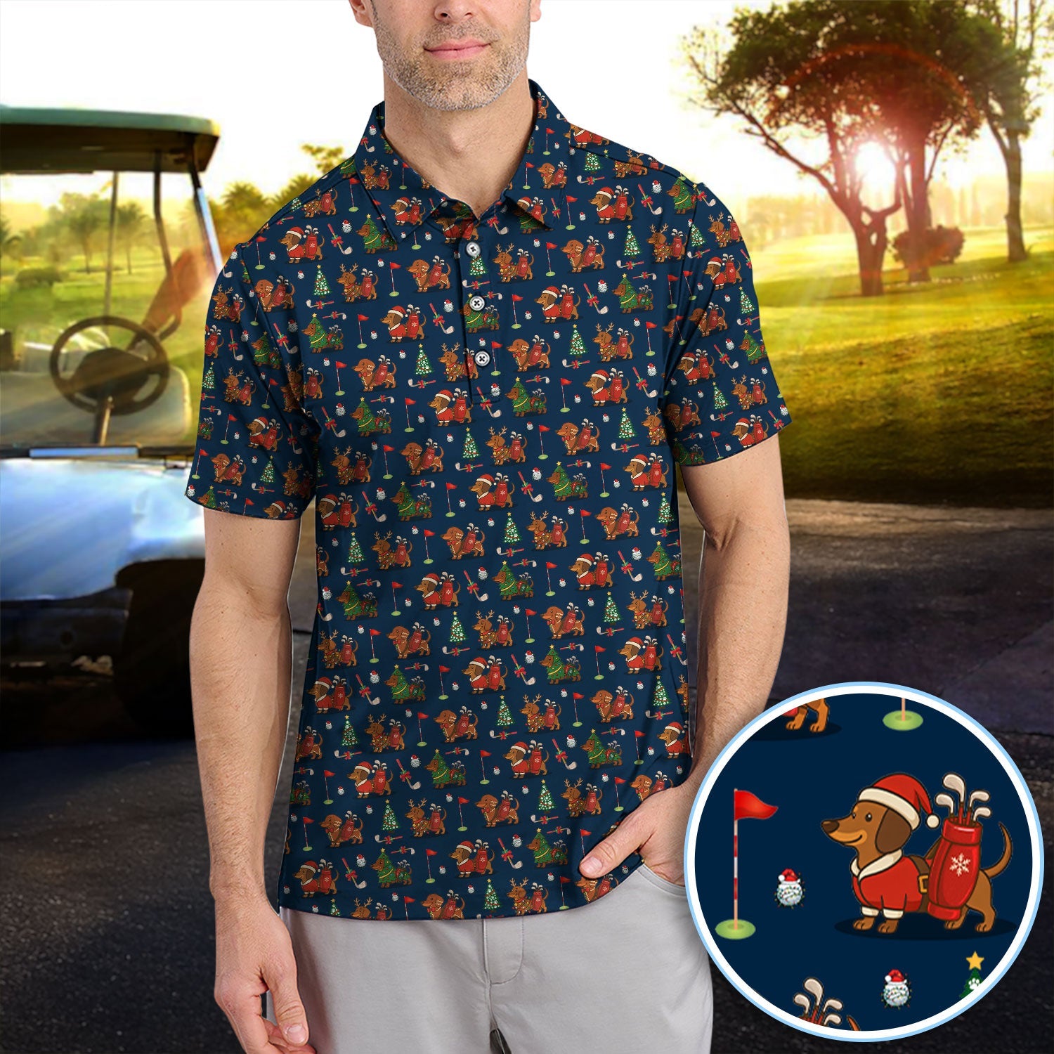 Christmas Dachshund Golf Polos, Cute Holiday Dog Golfer Shirt, Xmas Golf Gift For Golfer