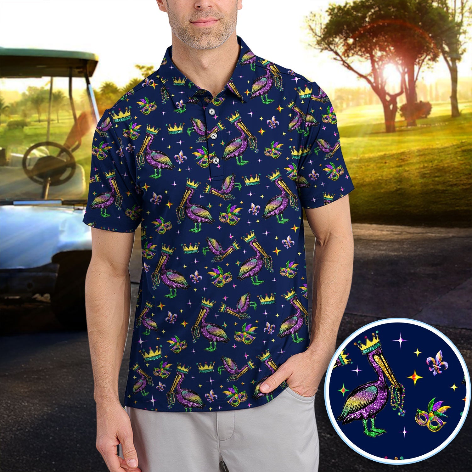Mardi Gras Pelican Pattern Golf Polos, Funny Pelican Golf Shirt For Men, Crazy Golf Gift For Golfer