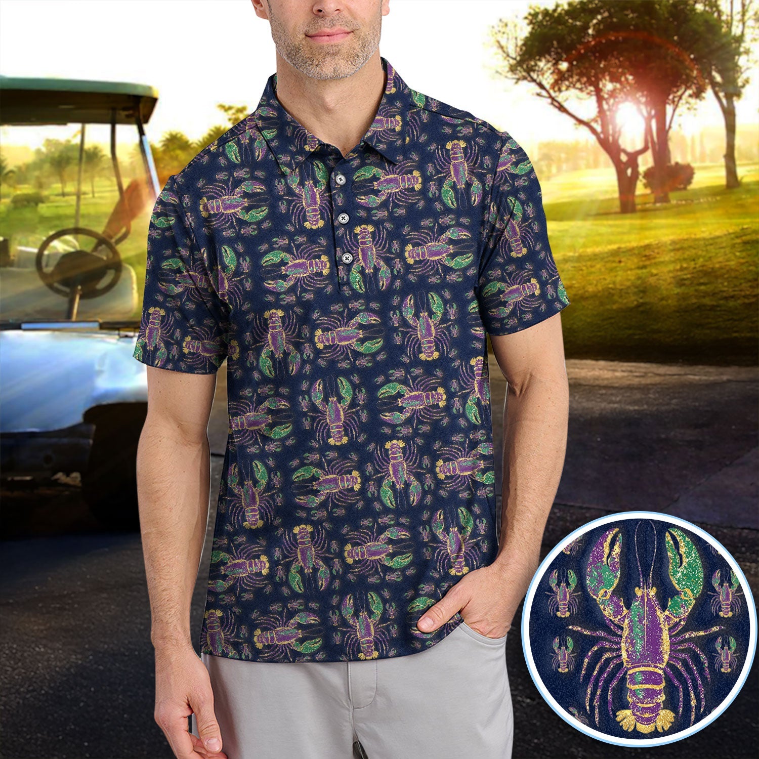 Louisiana Crawfish Pattern Golf Shirt, Mardi Gras Golf Polos For Golfer