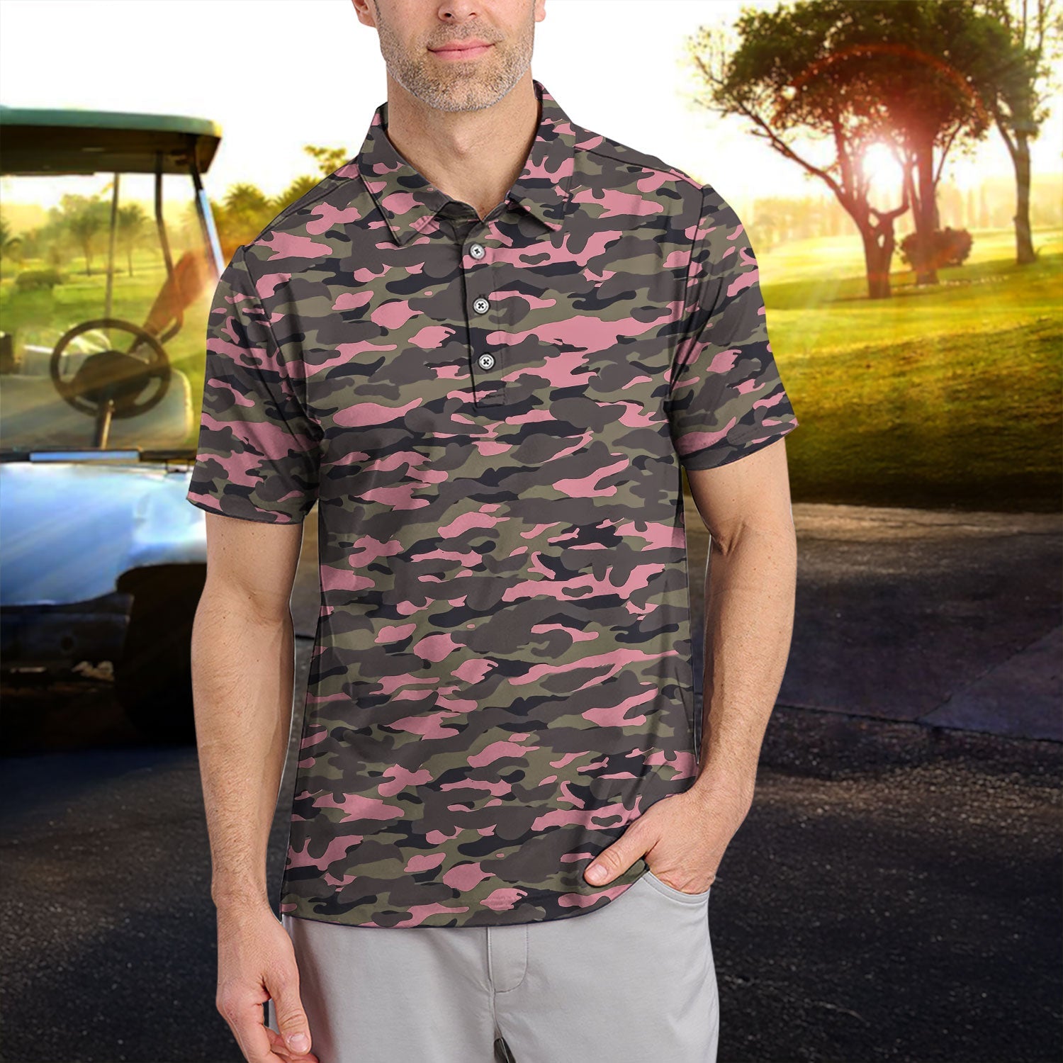 Pink Camo Pattern Golf Shirt, Crazy Golf Polos For Golfer, Men Golf Gift