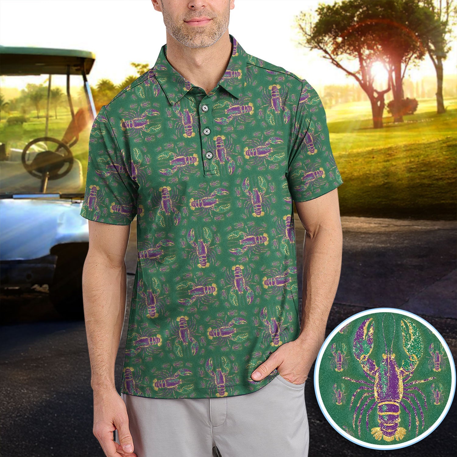 Louisiana Crawfish Pattern Golf Shirt, Mardi Gras Golf Polos For Golfer