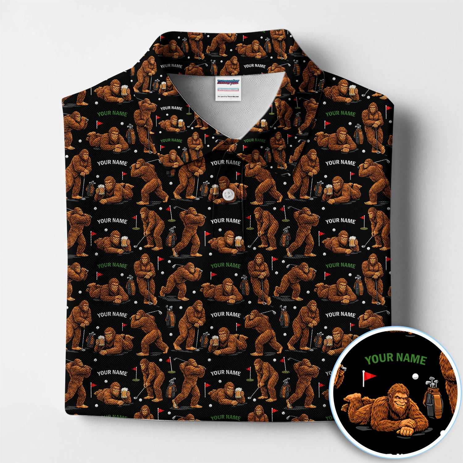 Personalized Bigfoot Pattern Golf Polos, Crazy Bigfoot Golf Shirt For Men, Funny Golf Shirt