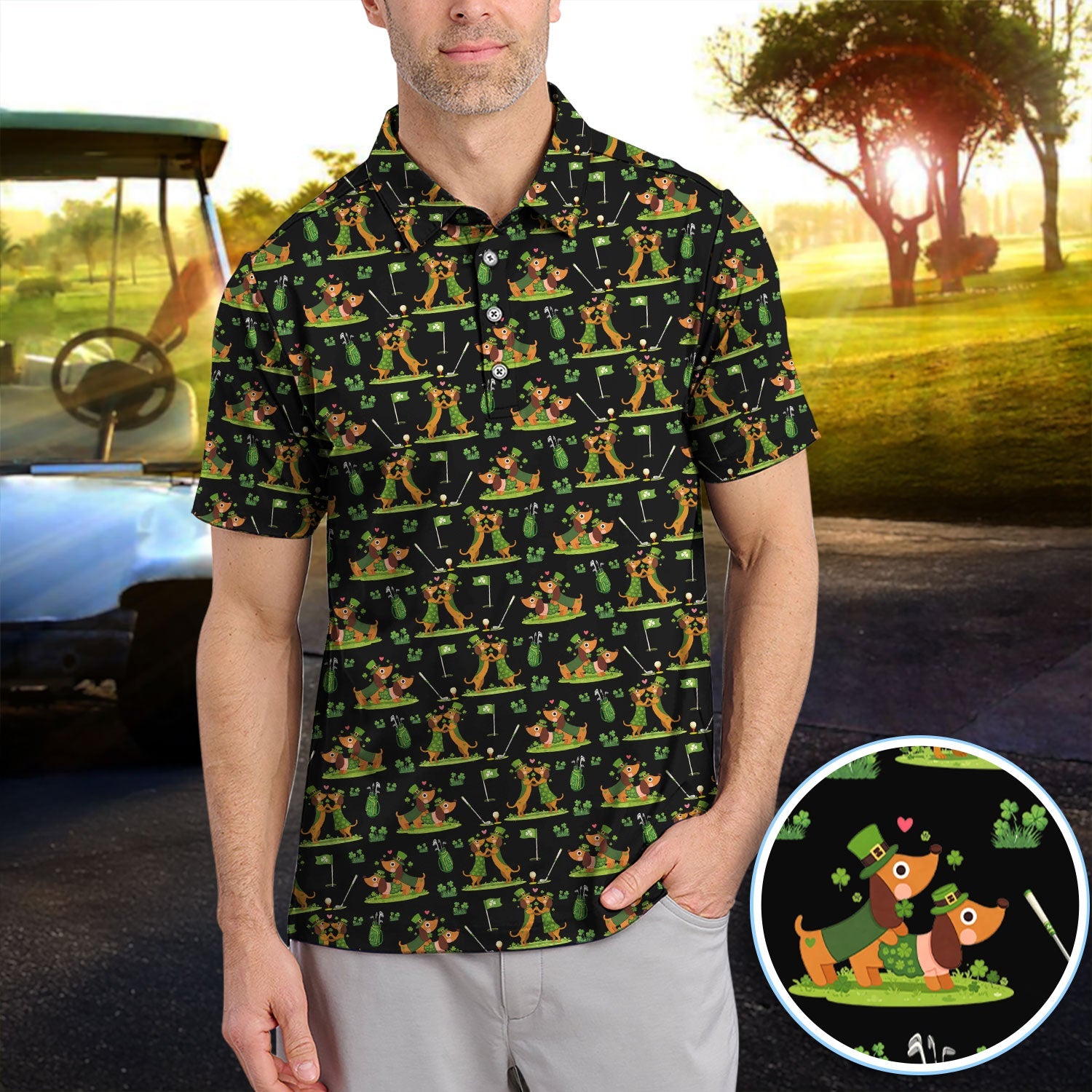 Cute Dachshund St Patrick Pattern Golf Shirt, Wiener Dog Golf Shirt, Golf Gift For Men