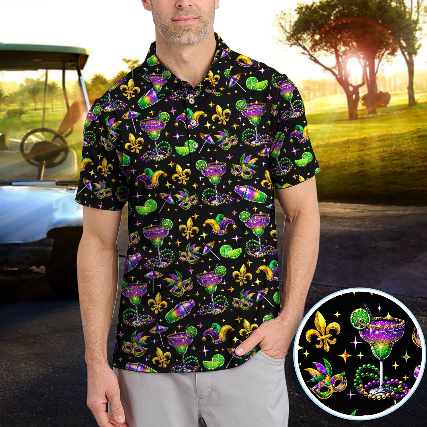Funny Glitter Mardi Gras Pattern Golf Polos, Mardi Gras And Margaritas Golf Shirt For Men, Golf Gift For Golfer