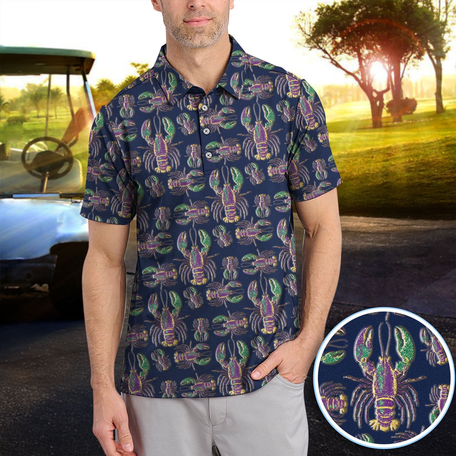 Mardi Gras Crawfish Pattern Golf Polos, Crazy Louisiana Crawfish Golf Shirt For Men, Golf Gift For Golfer