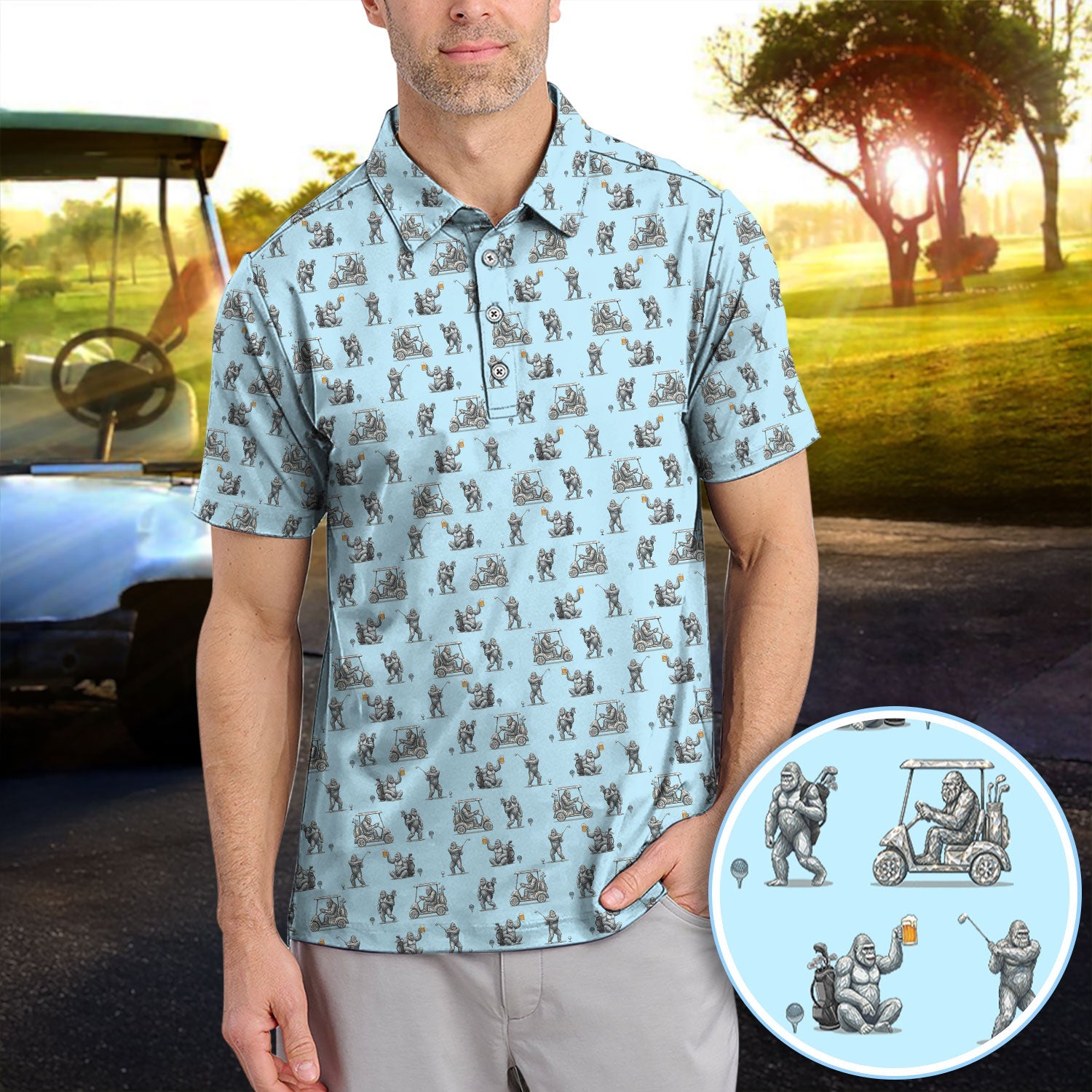 Funny Bigfoot Pattern Golf Shirt, Squatch Bigfoot Golf Polos, Crazy Golf Gift For Men