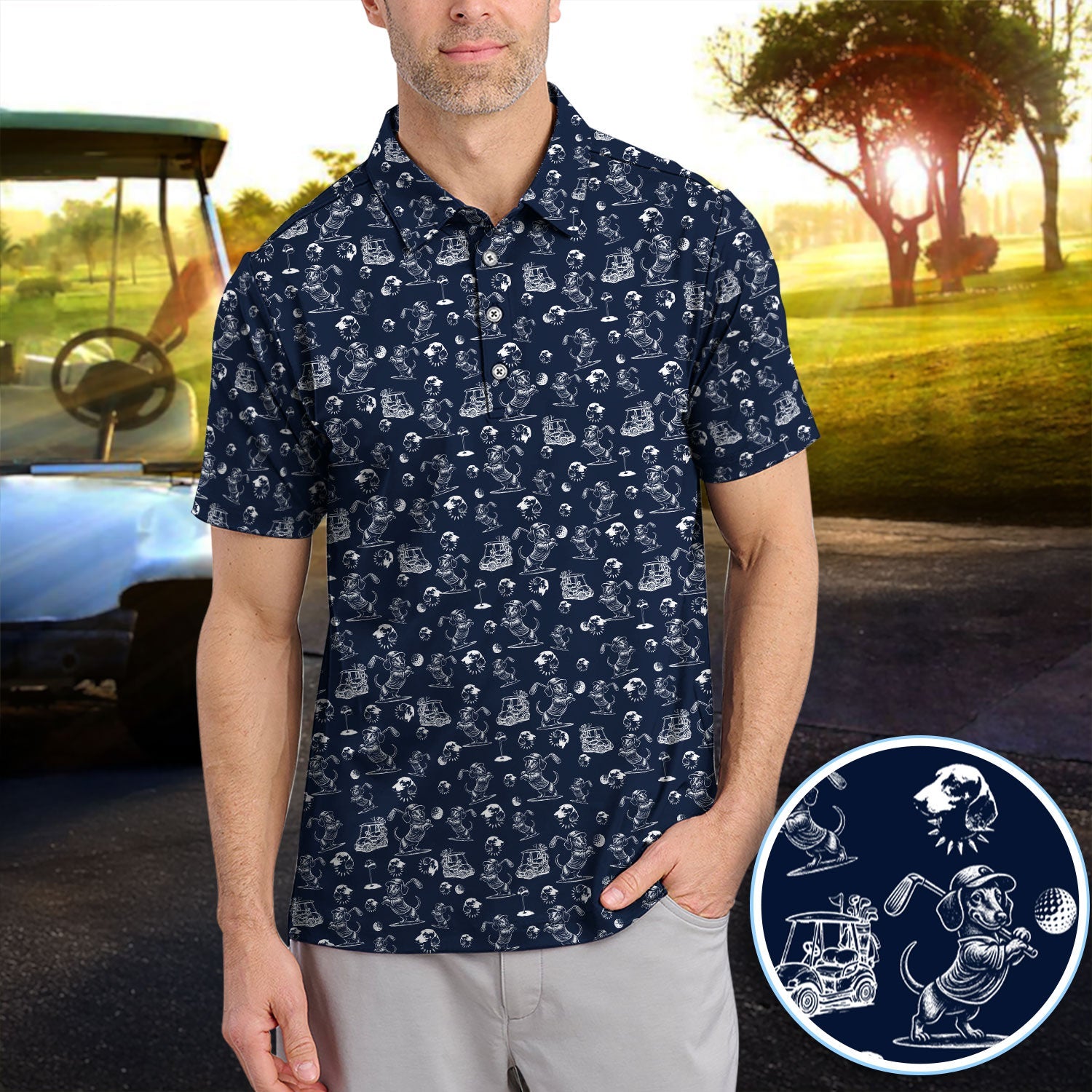 Funny Dachshund Pattern Golf Shirt For Men, Wiener Dog Golf Polos For Golfer, Dad Golf Gift