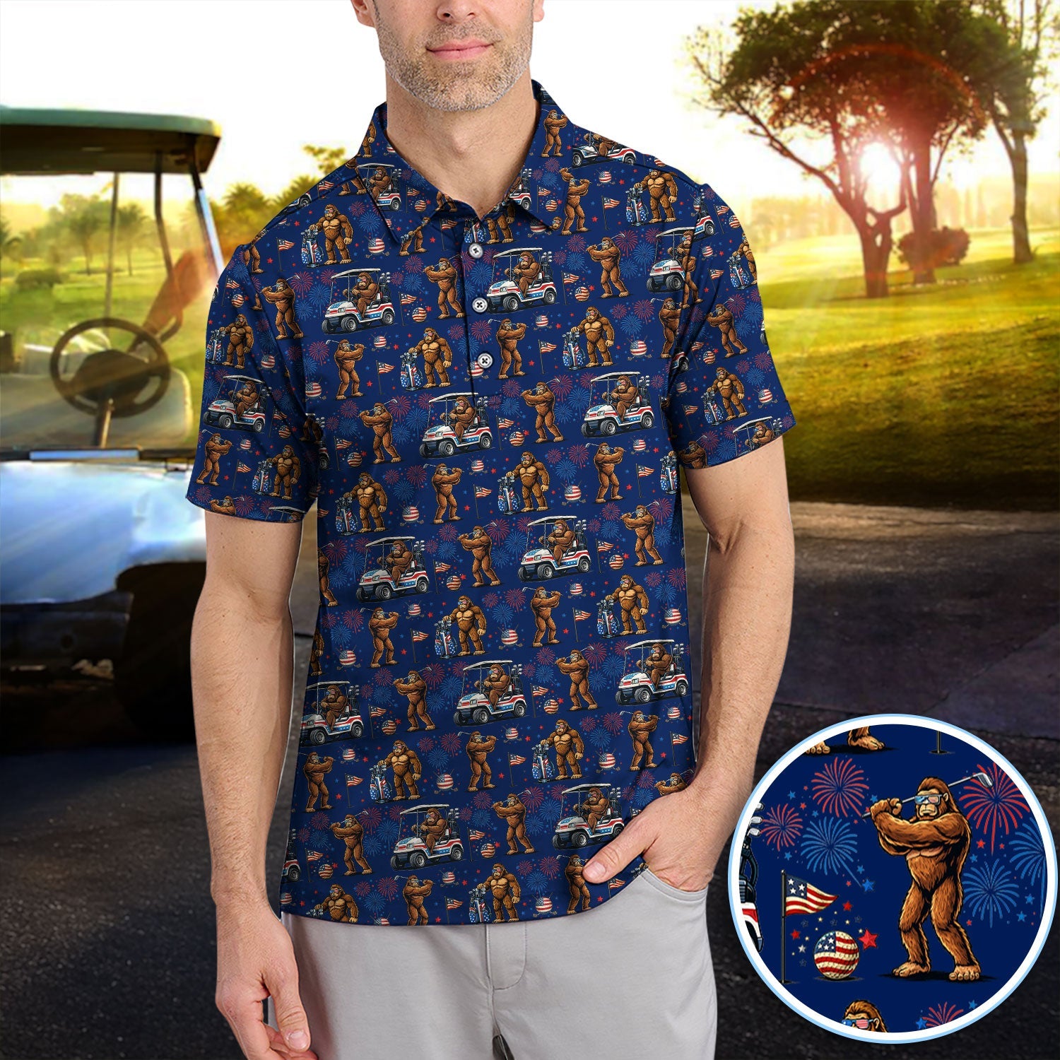Funny Bigfoot Golf Polos For Golfer, Sasquatch Patriotic USA Pattern Golf Shirt, Golf Gift For Men