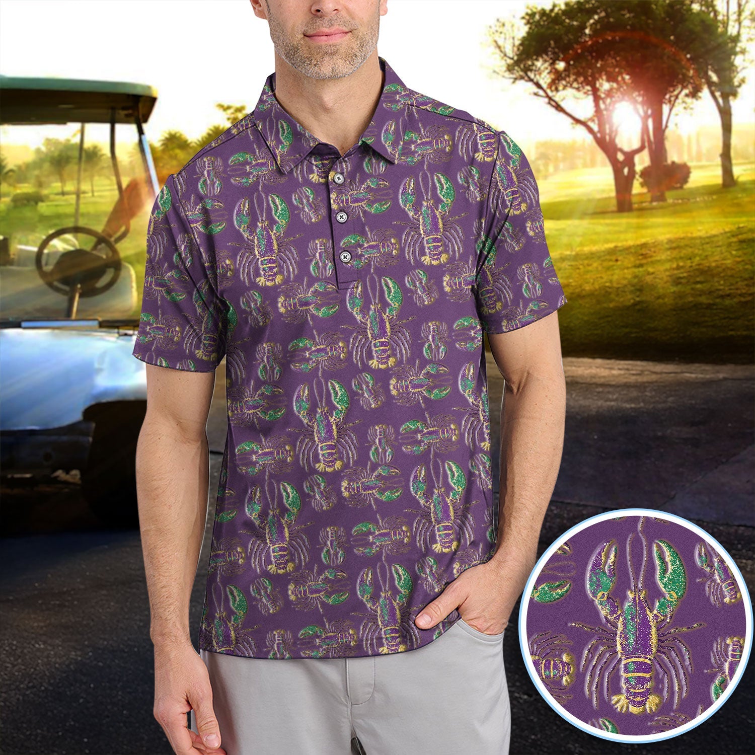 Mardi Gras Crawfish Pattern Golf Polos, Crazy Louisiana Crawfish Golf Shirt For Men, Golf Gift For Golfer