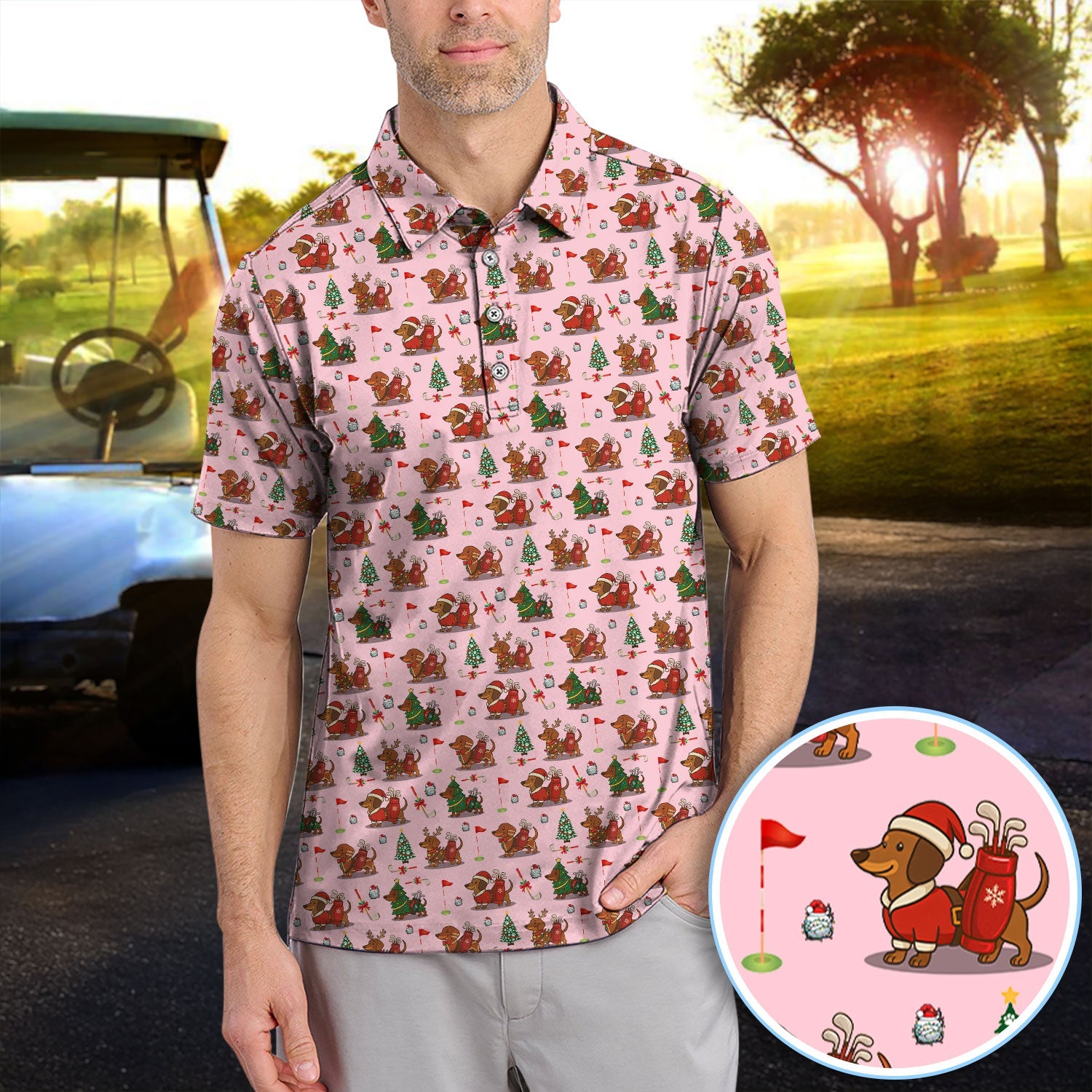 Christmas Dachshund Golf Polos, Cute Holiday Dog Golfer Shirt, Xmas Golf Gift For Golfer