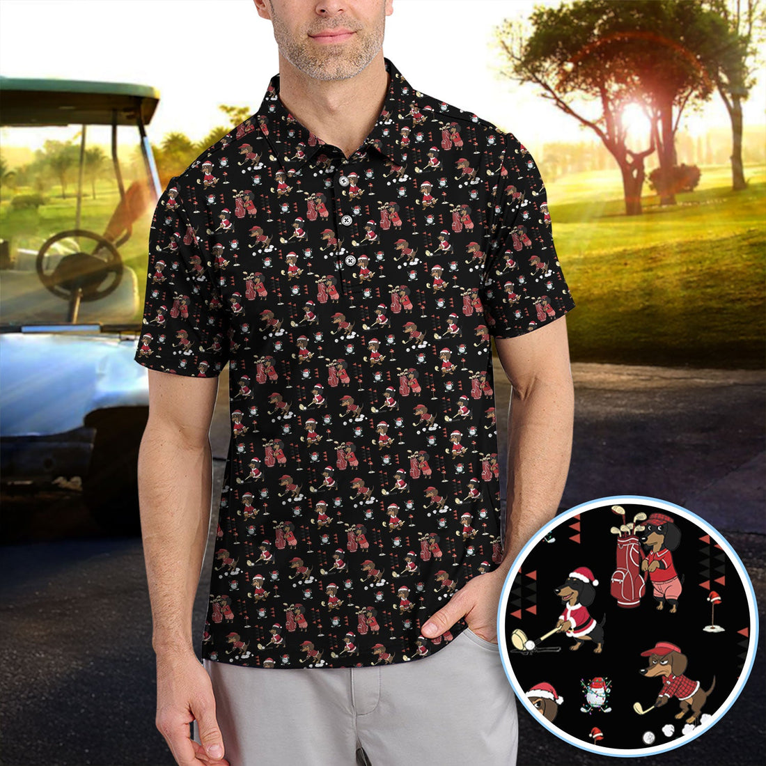 Funny Dachshund Christmas Golf Shirt, Cute Wiener Dog Pattern Polos, Festive Holiday Golf Shirt Gift For Men Golfers