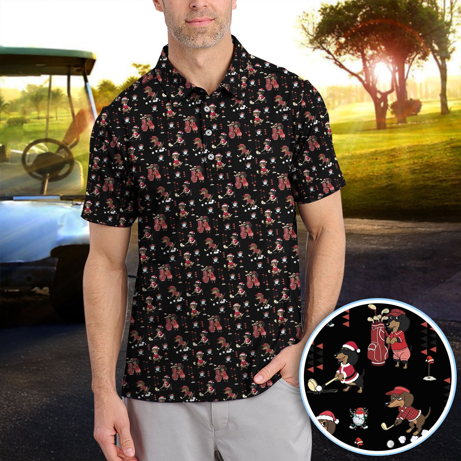 Funny Dachshund Christmas Golf Shirt, Cute Wiener Dog Pattern Polos, Festive Holiday Golf Shirt Gift For Men Golfers