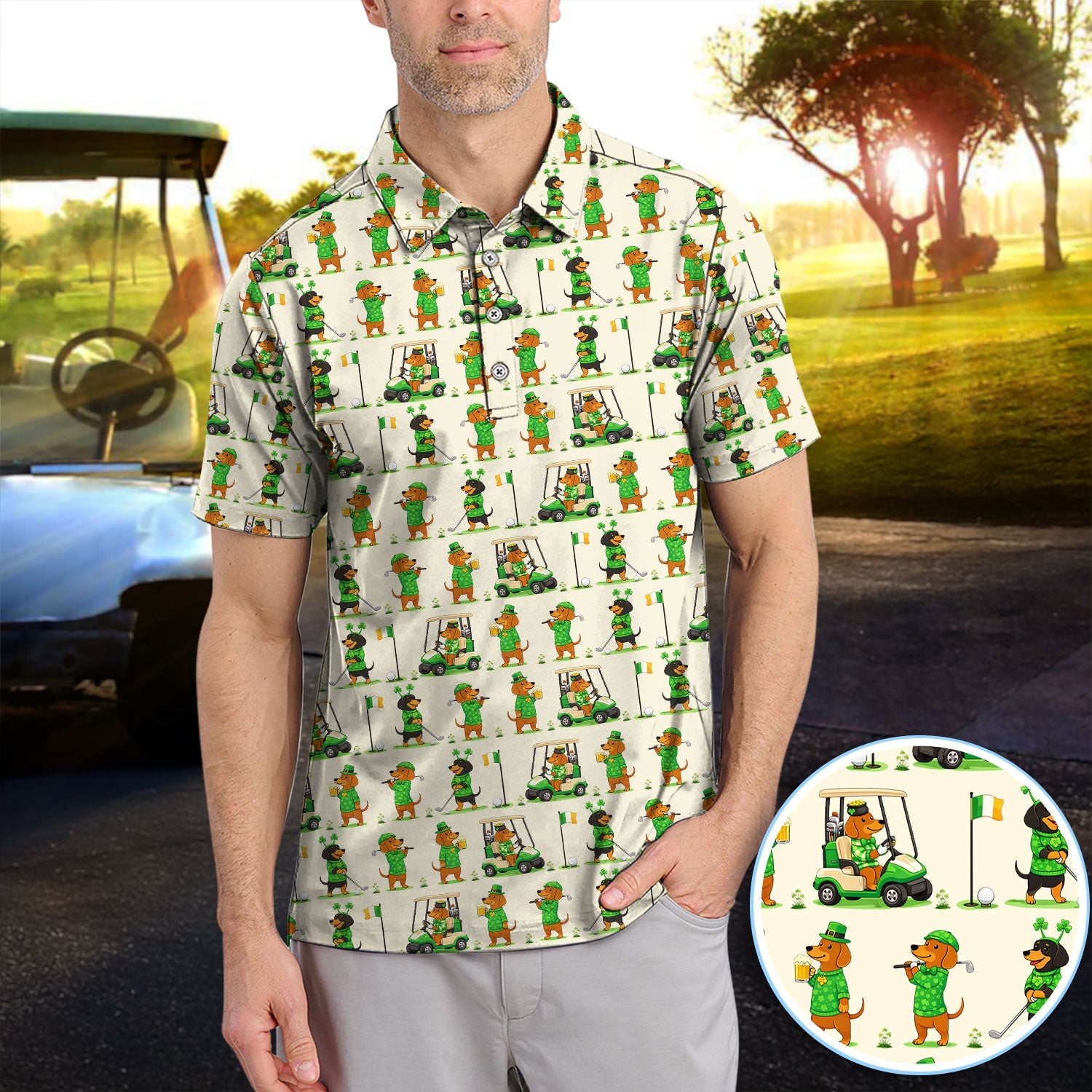 St. Patrick’s Day Dachshund Pattern Golf Polos, Funny Irish Wiener Dog Golf Shirt For Men, Golf Gift For Golfer