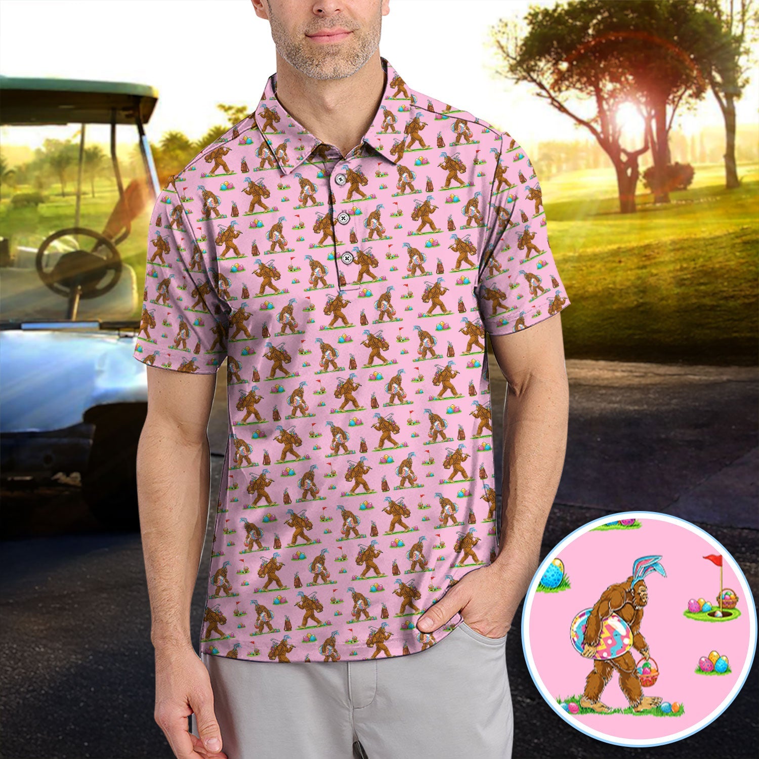 Bigfoot Easter Pattern Golf Polos, Bunny Sasquatch Golf Shirt For Men, Easter Day Shirt For Golfer
