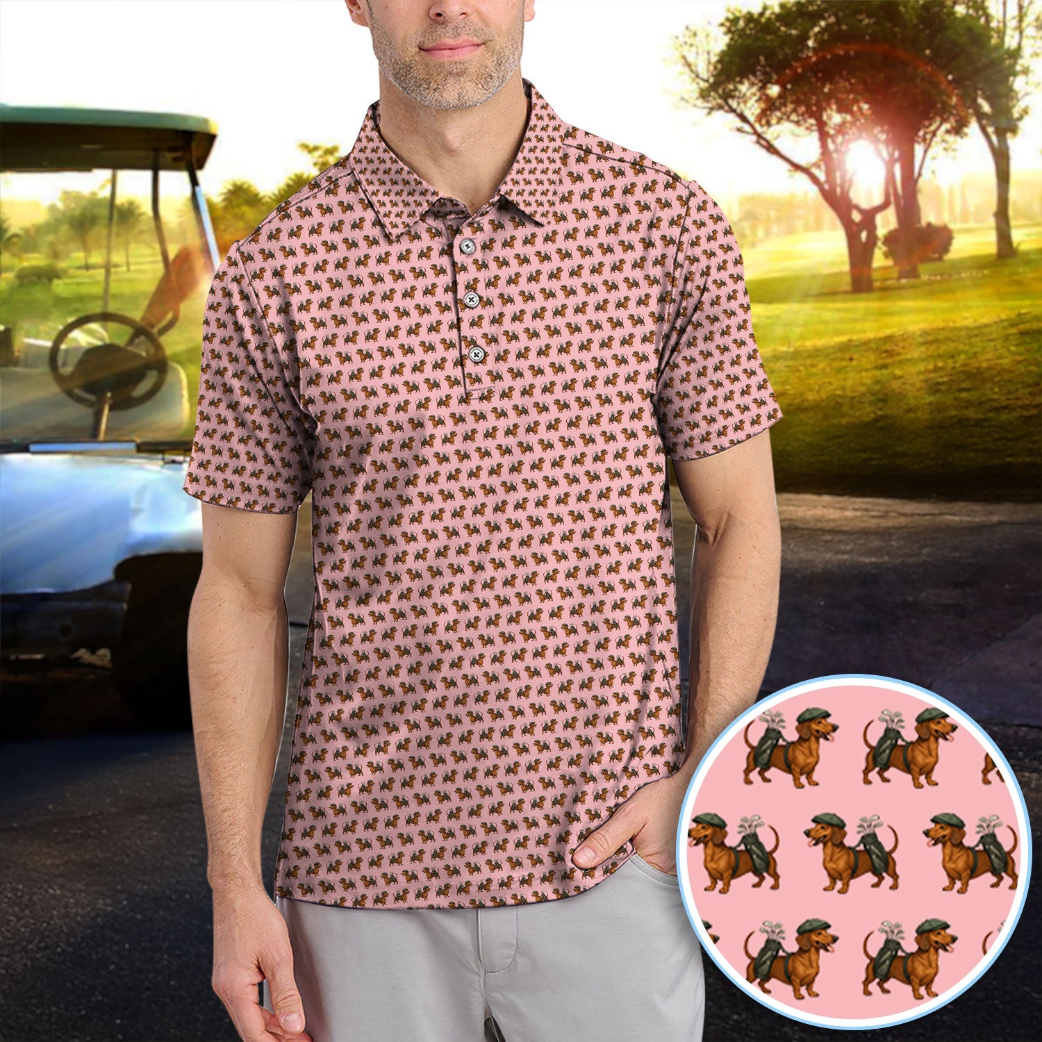 Dachshund Pattern Golf Polos, Crazy Dachshund Golf Shirt For Men, Funny Golf Shirt