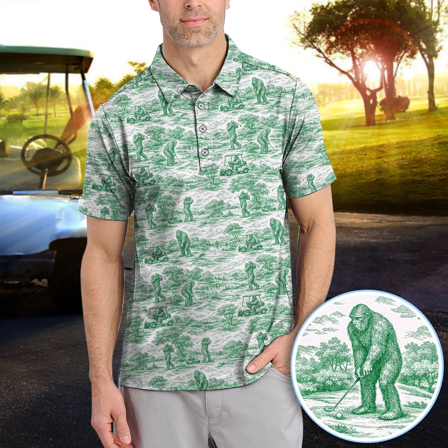Crazy Bigfoot Pattern Golf Polos, Funny Sasquatch Golf Shirt For Men, Golf Gift For Golfer