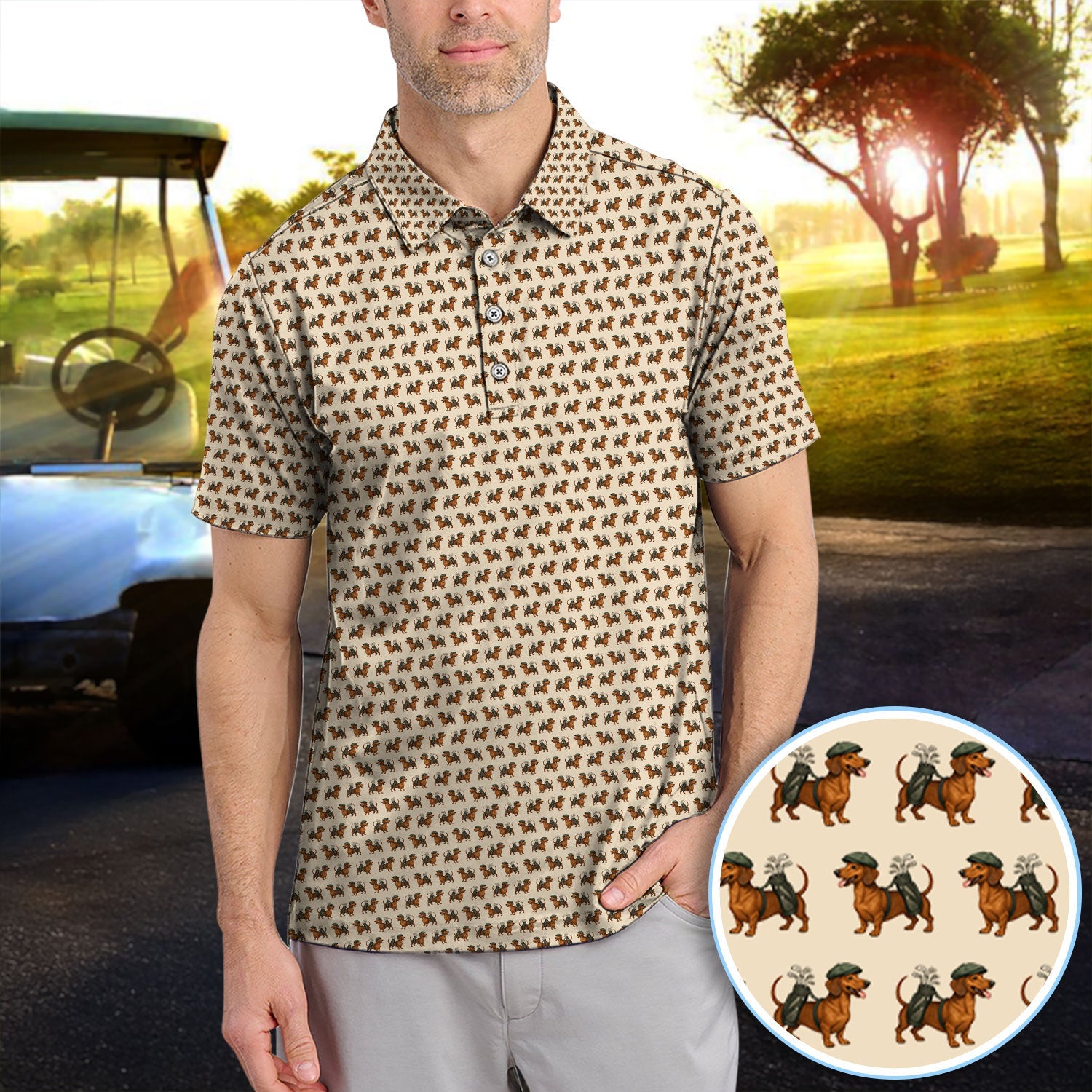 Dachshund Pattern Golf Polos, Crazy Dachshund Golf Shirt For Men, Funny Golf Shirt