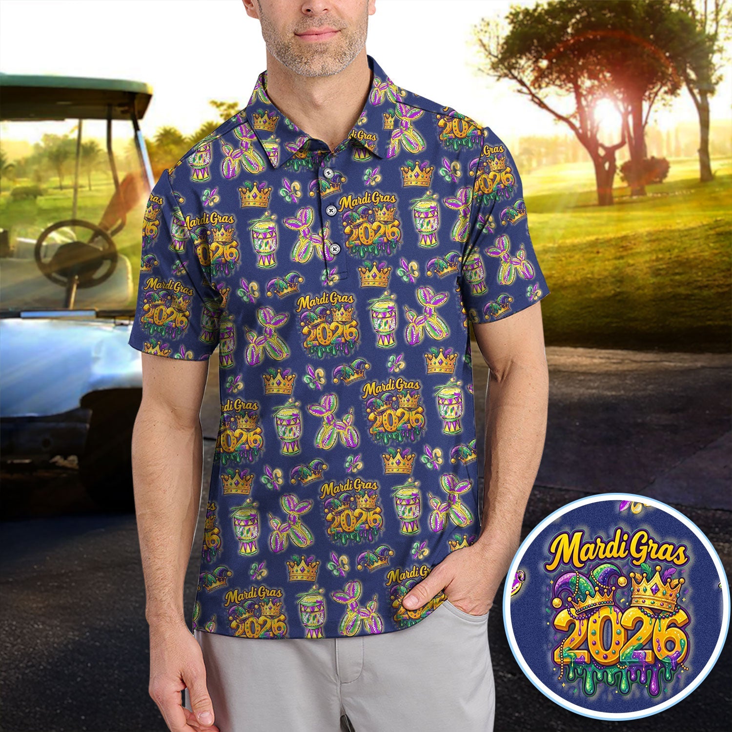 Mardi Gras 2026 Golf Polos For Golfer, Festive Crown Mask Pattern Golf Shirt, Golf Gift For Men