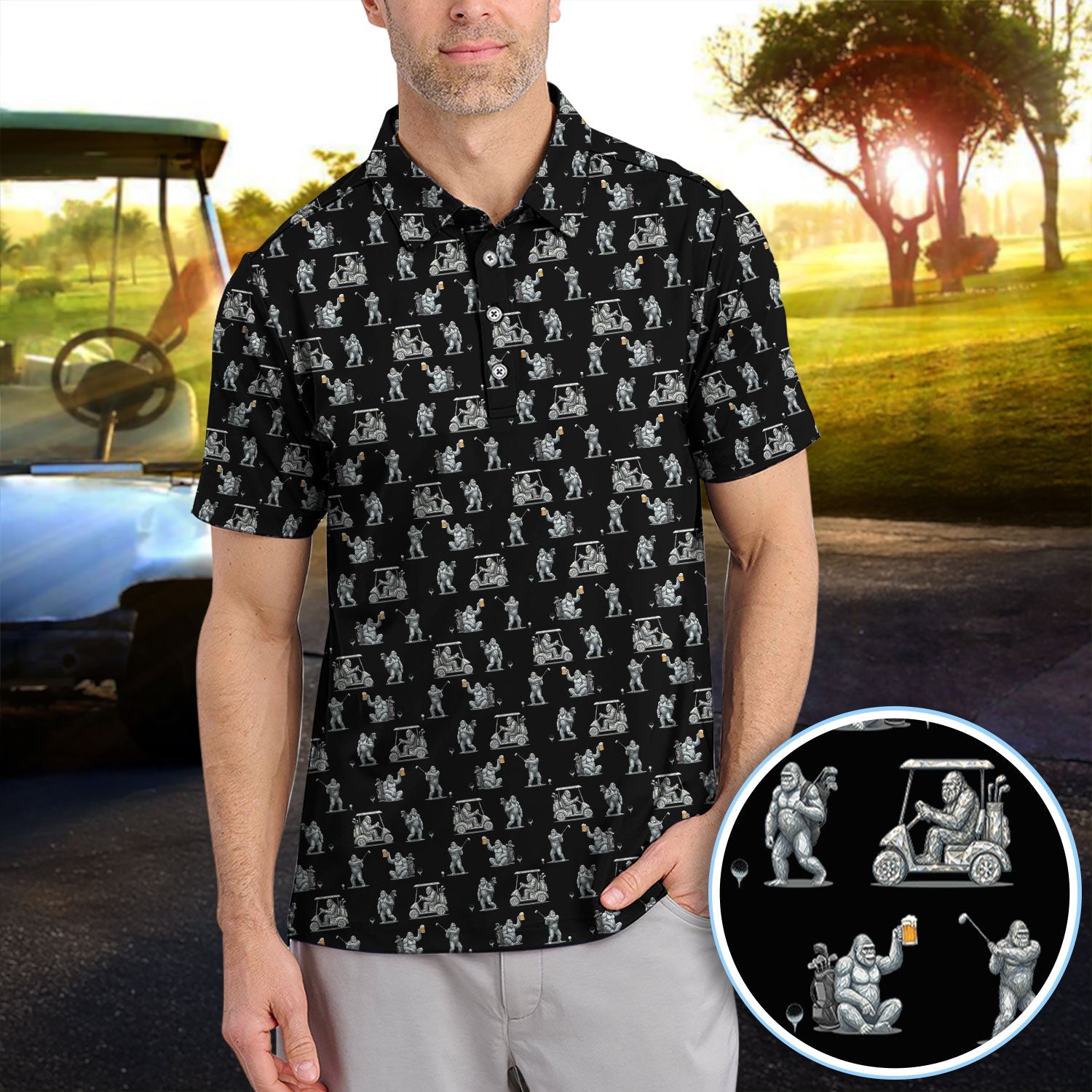 Funny Bigfoot Pattern Golf Shirt, Squatch Bigfoot Golf Polos, Crazy Golf Gift For Men