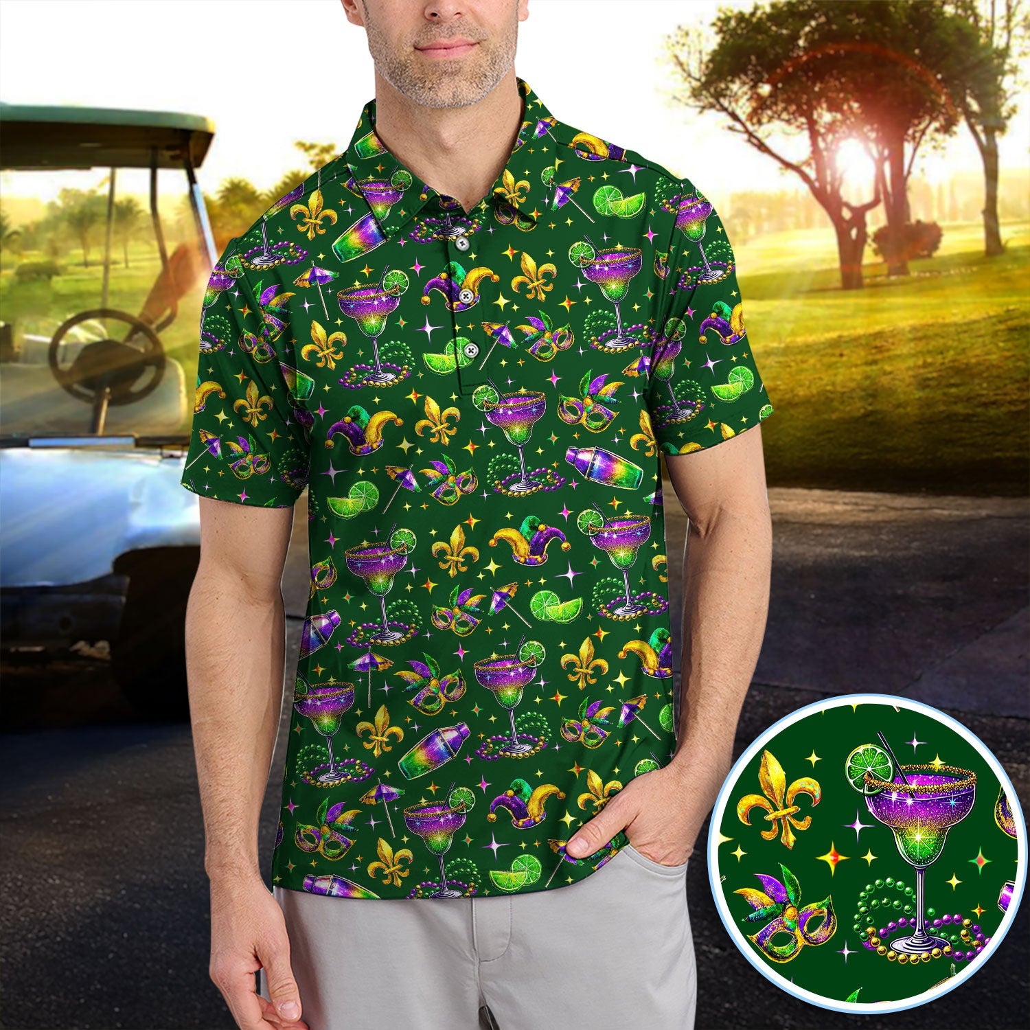 Funny Glitter Mardi Gras Pattern Golf Polos, Mardi Gras And Margaritas Golf Shirt For Men, Golf Gift For Golfer
