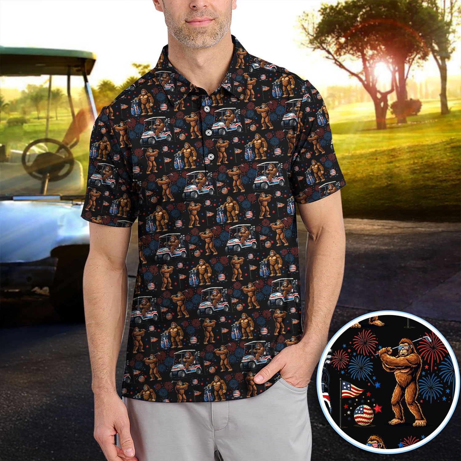 Funny Bigfoot Golf Polos For Golfer, Sasquatch Patriotic USA Pattern Golf Shirt, Golf Gift For Men