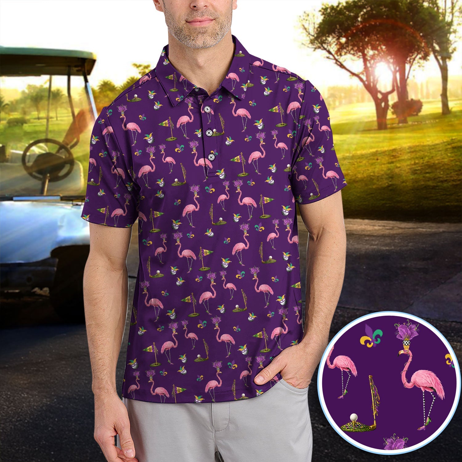 Flamingo Mardi Gras Golf Polos For Golfer, Funny Holiday Pattern Golf Shirt, Golf Gift For Men