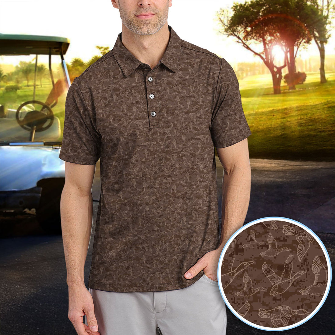 Funny Duck Pattern Golf Polos, Brown Camouflage Style Shirt For Men, Cool Outdoor Golf Shirt Gift For Golfers