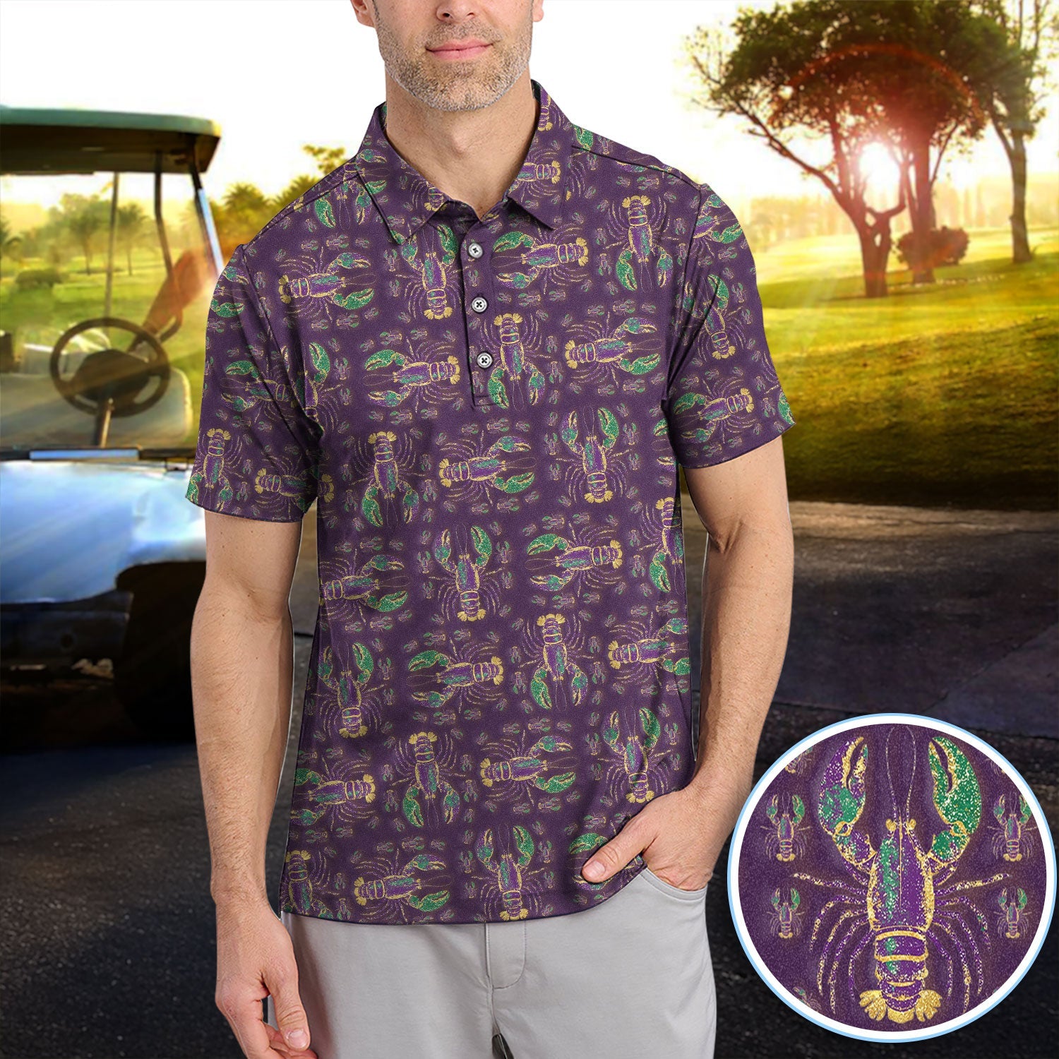 Louisiana Crawfish Pattern Golf Shirt, Mardi Gras Golf Polos For Golfer
