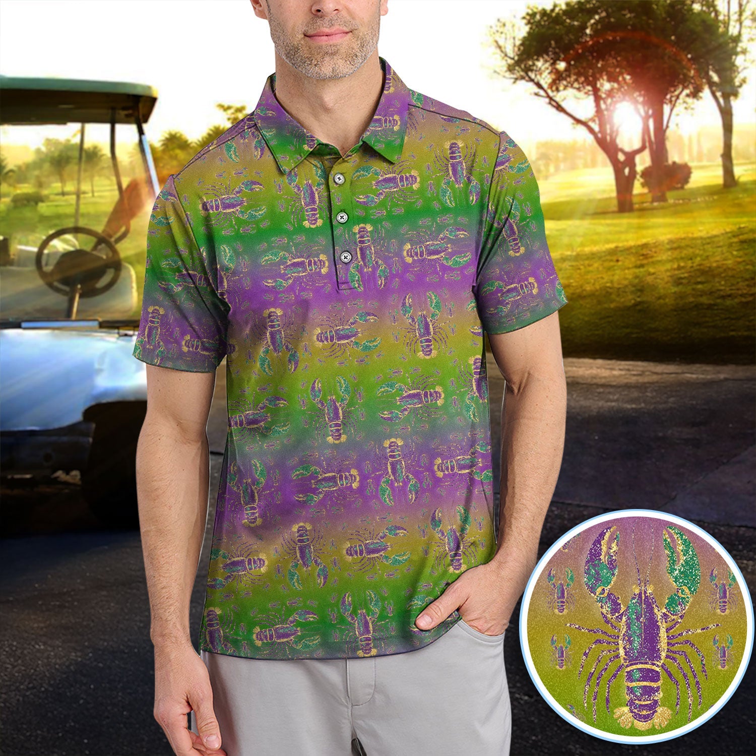 Louisiana Crawfish Pattern Golf Shirt, Mardi Gras Golf Polos For Golfer