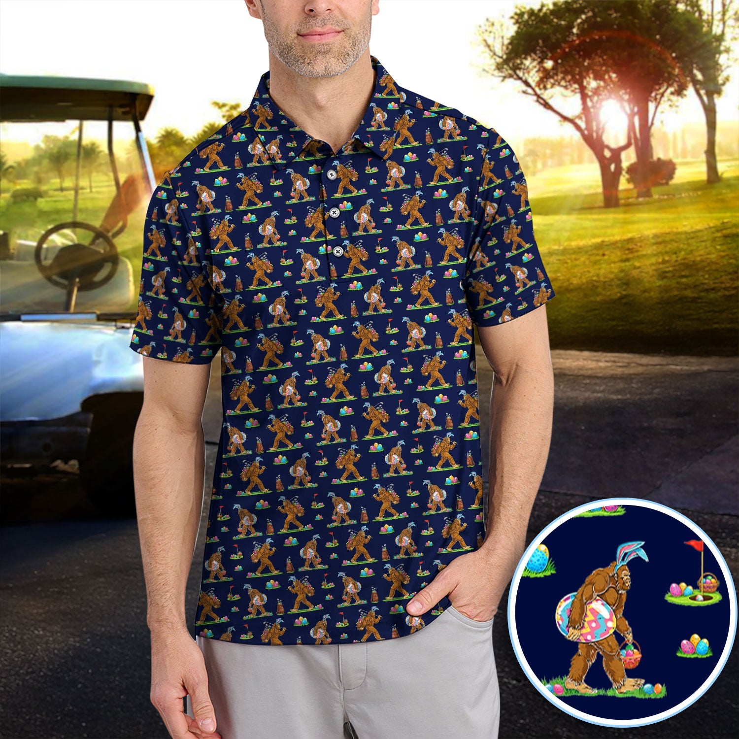 Bigfoot Easter Pattern Golf Polos, Bunny Sasquatch Golf Shirt For Men, Easter Day Shirt For Golfer