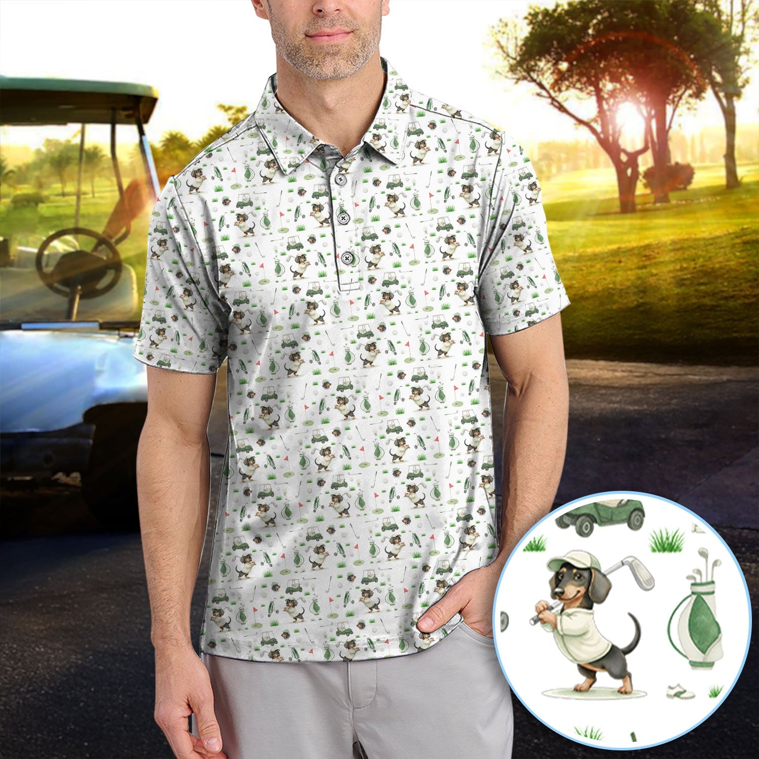 Funny Wiener Dog Golf Shirt, Dachshund Pattern Golf Polos, Crazy Golf Gift For Men