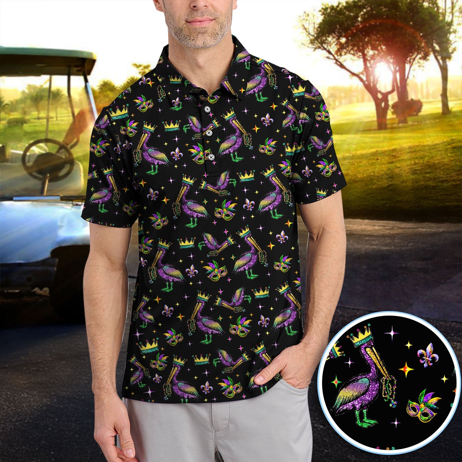 Mardi Gras Pelican Pattern Golf Polos, Funny Pelican Golf Shirt For Men, Crazy Golf Gift For Golfer