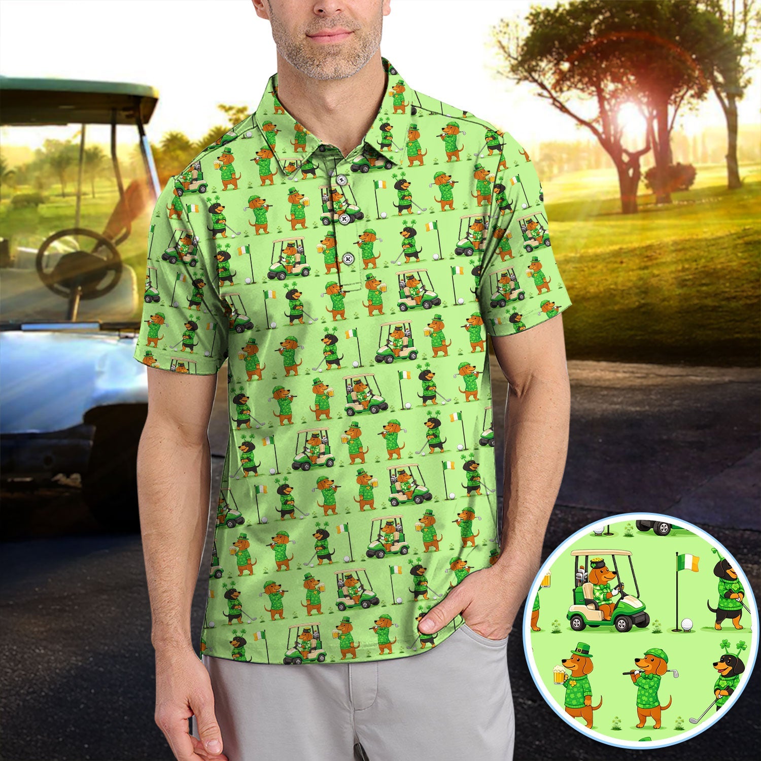 St. Patrick’s Day Dachshund Pattern Golf Polos, Funny Irish Wiener Dog Golf Shirt For Men, Golf Gift For Golfer