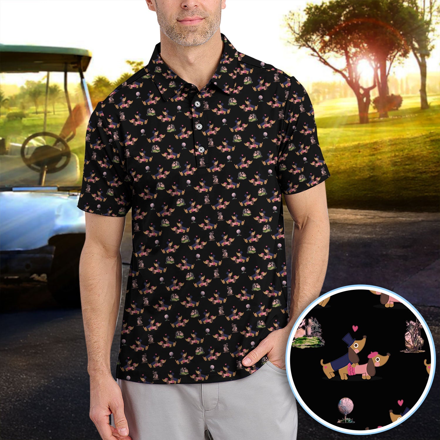 Dachshund Love Pattern Golf Shirt, Wiener Dog Golf Polos, Golf Gift For Golfer