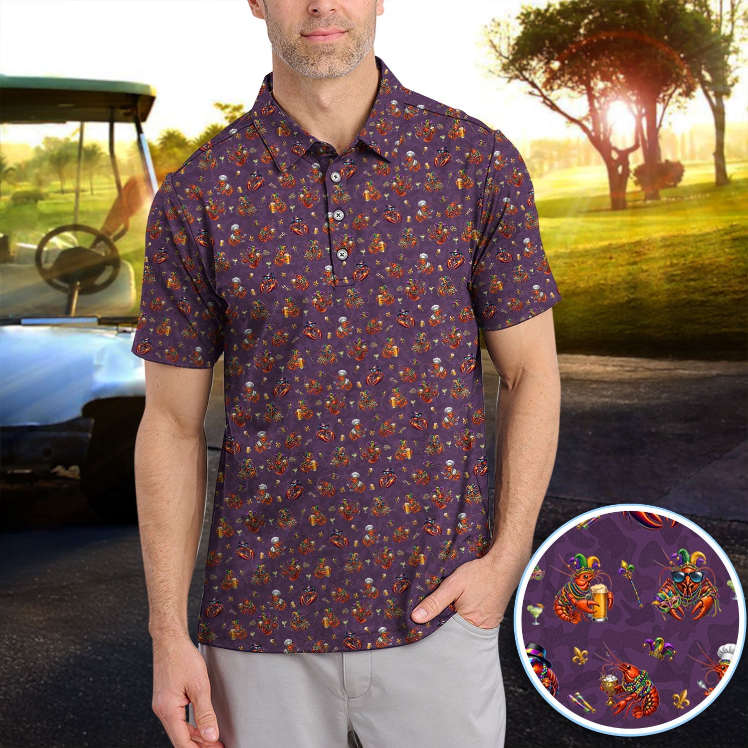 Funny Crawfish Mardi Gras Pattern Golf Shirt, Beer Crawdad Golf Polos For Golfer, Golf Gift For Men