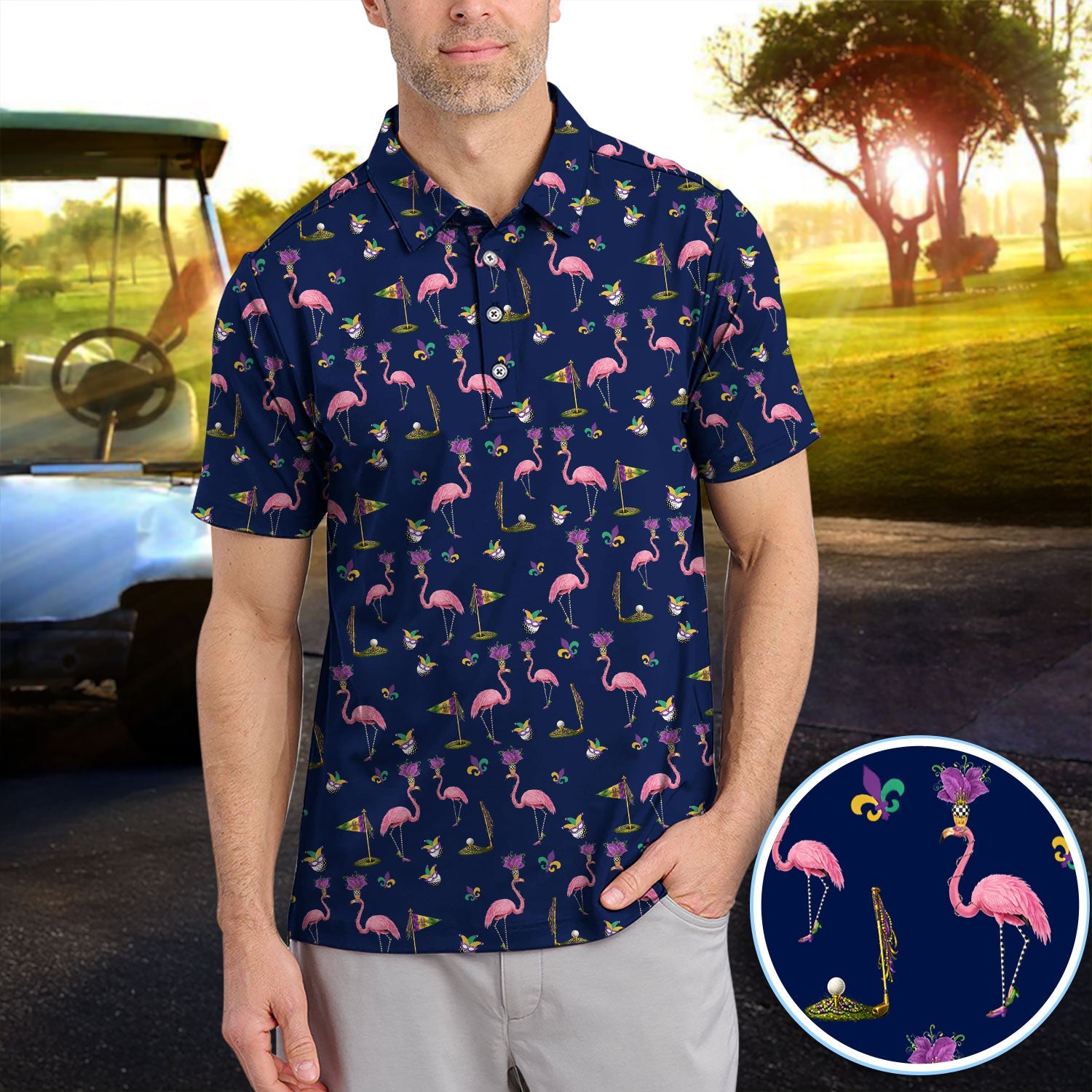 Flamingo Mardi Gras Golf Polos For Golfer, Funny Holiday Pattern Golf Shirt, Golf Gift For Men