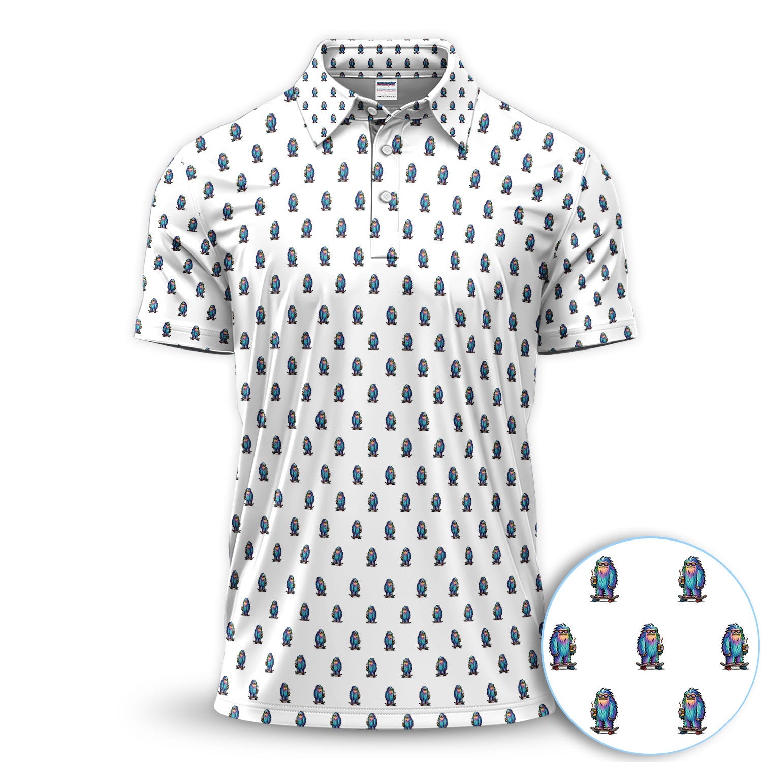 Funny Yeti Pattern Golf Polos, Bigfoot Coffee Skateboard Golf Shirt, Crazy Golf Shirts For Men