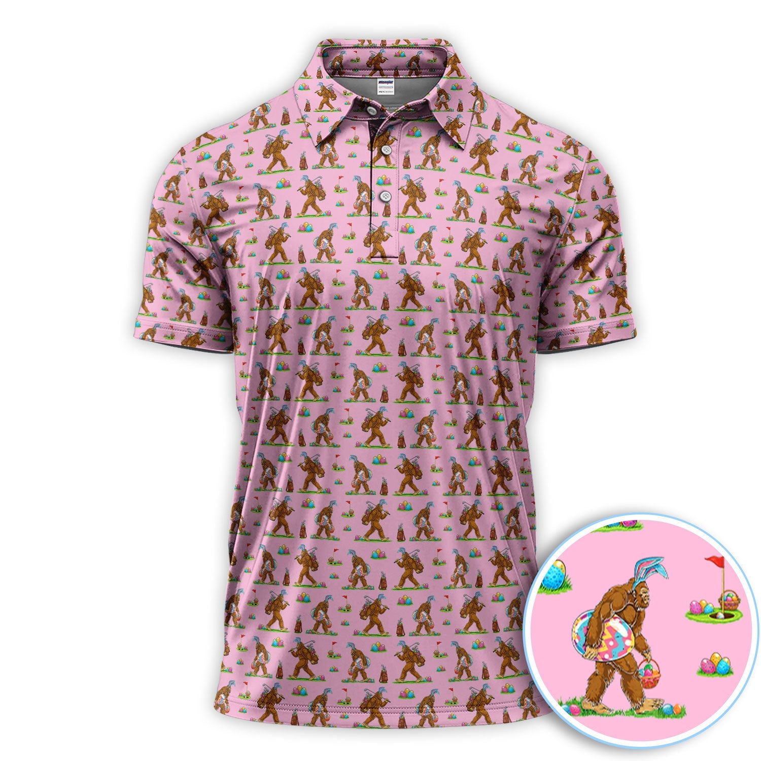 Bigfoot Easter Pattern Golf Polos, Bunny Sasquatch Golf Shirt For Men, Easter Day Shirt For Golfer