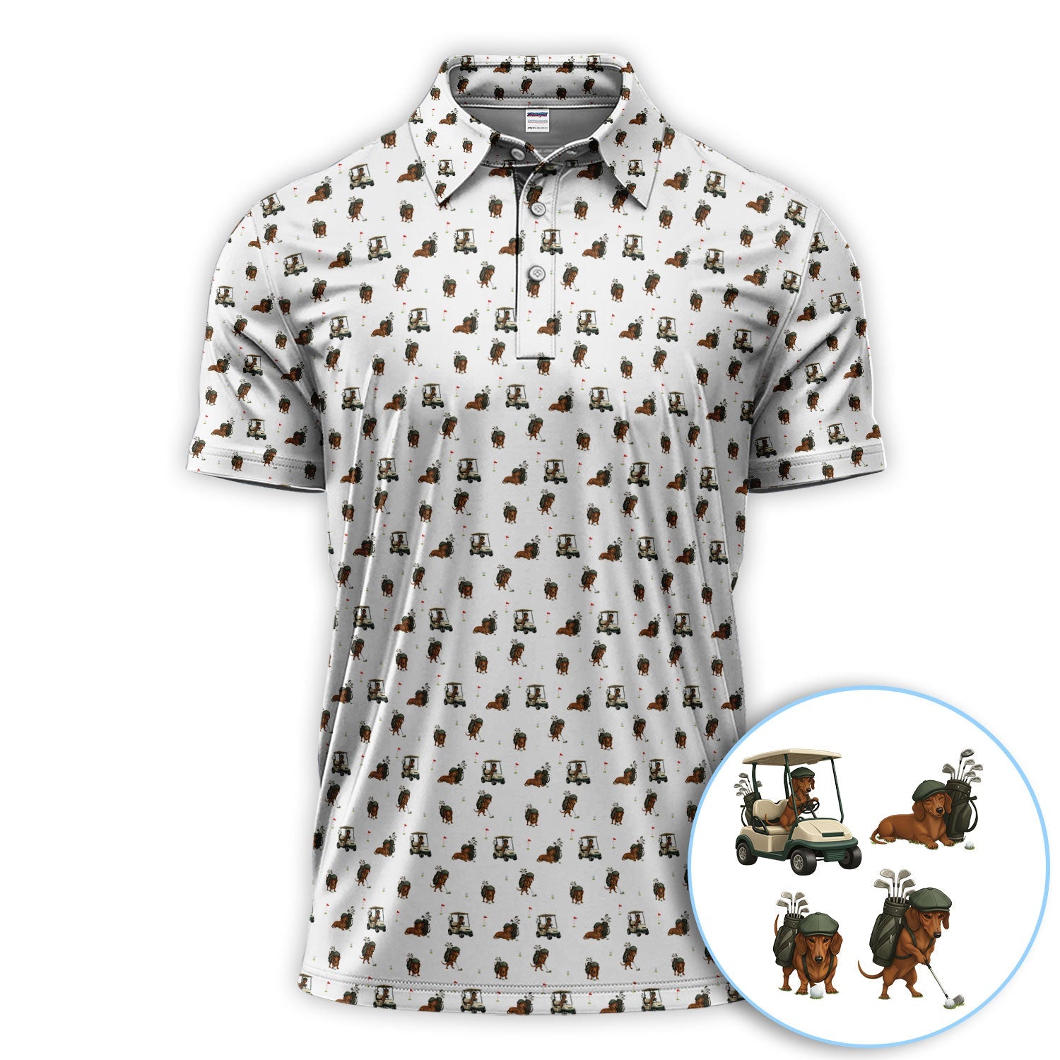 Funny Dachshund Golf Shirt, Wiener Dog Pattern Polos For Men, Golf Gift For Golfers