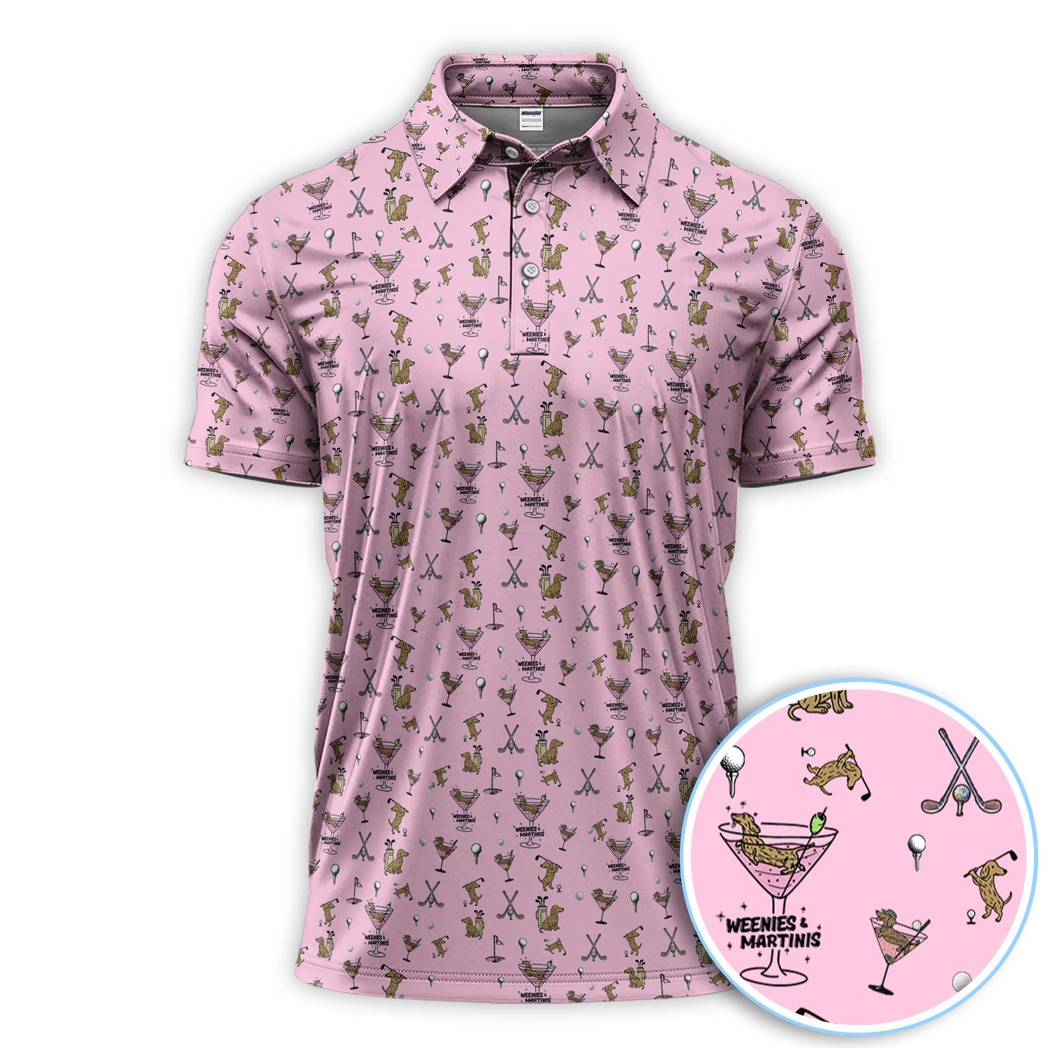Funny Dachshund Golf Polos, Weenies Dog And Martinis Pattern Shirt For Men, Crazy Golf Shirt For Golfer