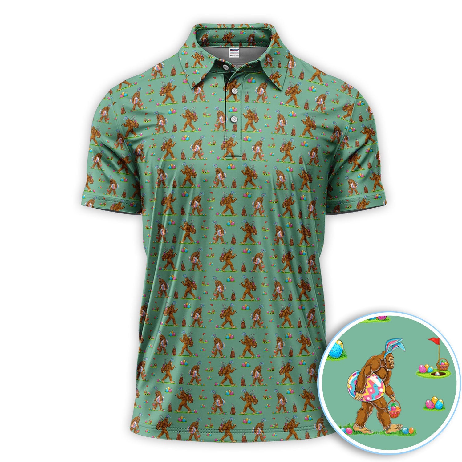 Bigfoot Easter Pattern Golf Polos, Bunny Sasquatch Golf Shirt For Men, Easter Day Shirt For Golfer