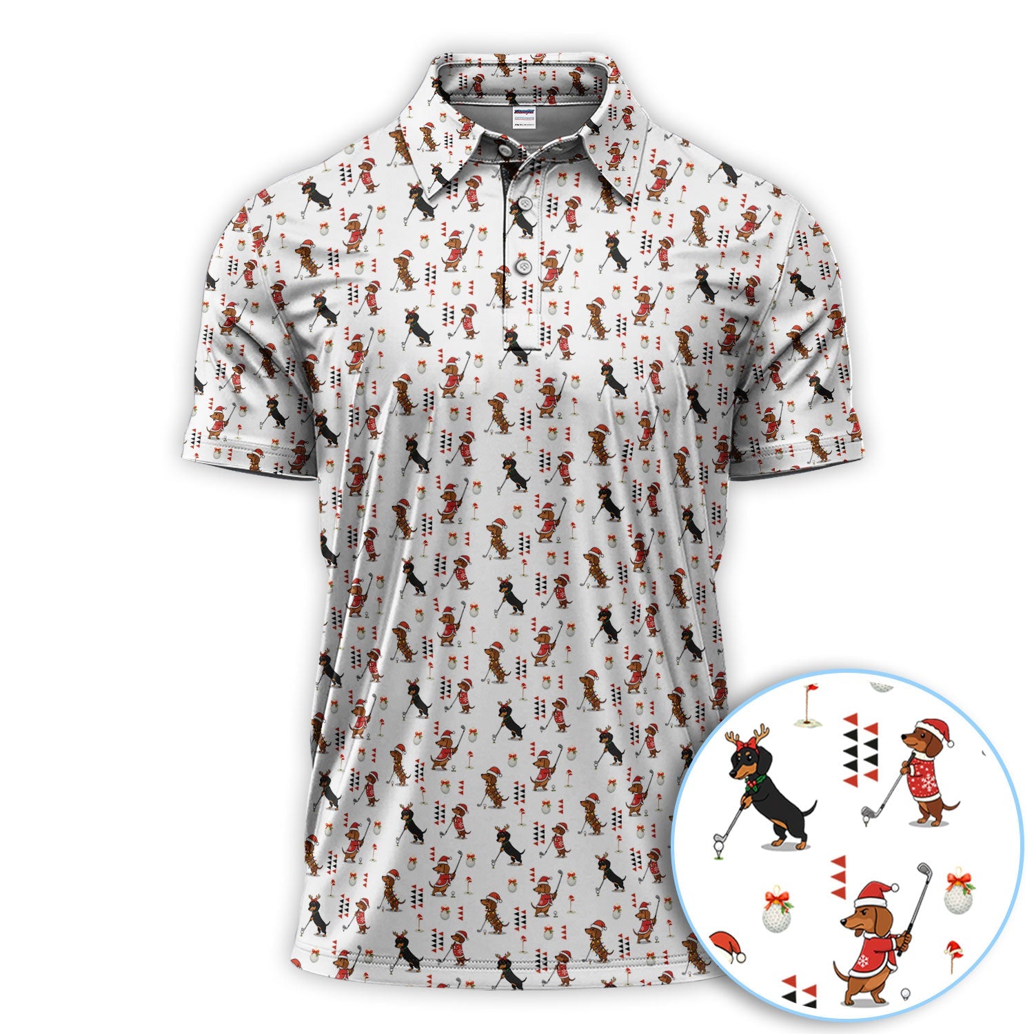 Christmas Dachshund Pattern Polos, Funny Xmas Wiener Dog Golf Shirt, Festive Golf Gift For Men